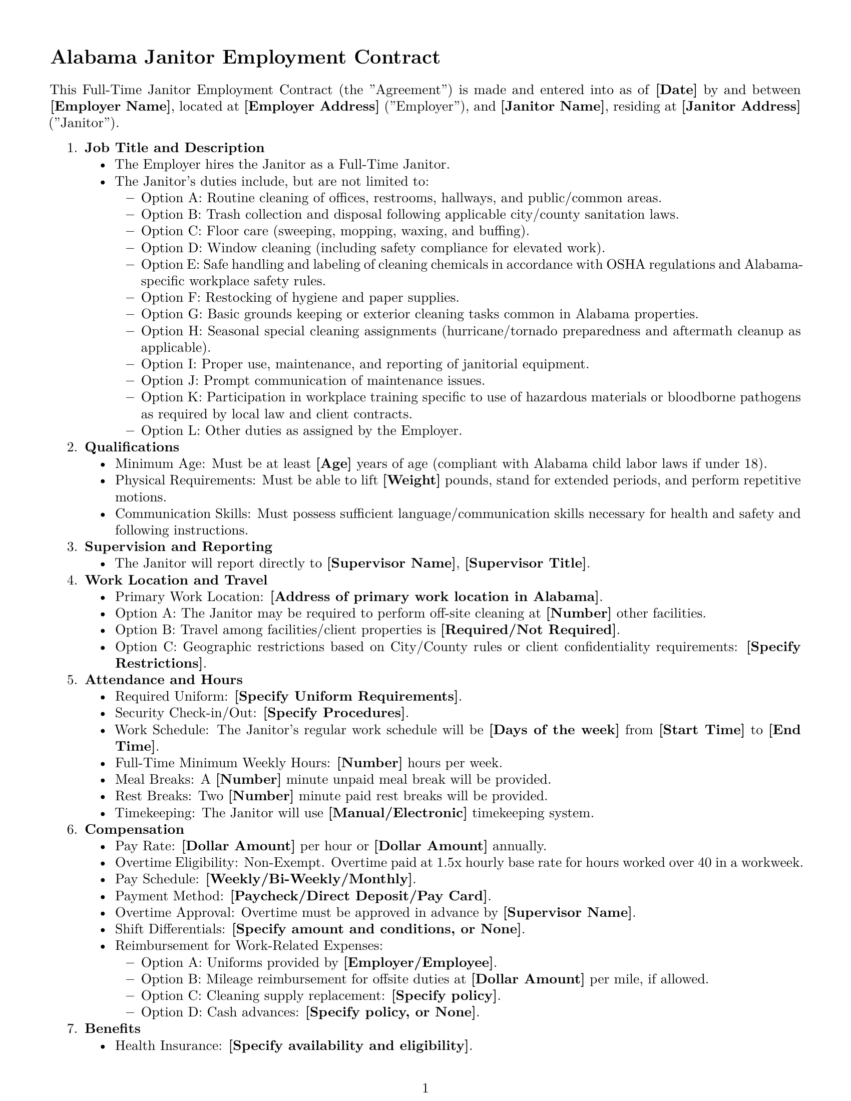 Preview page 1 of Free Alabama janitor employment contract template