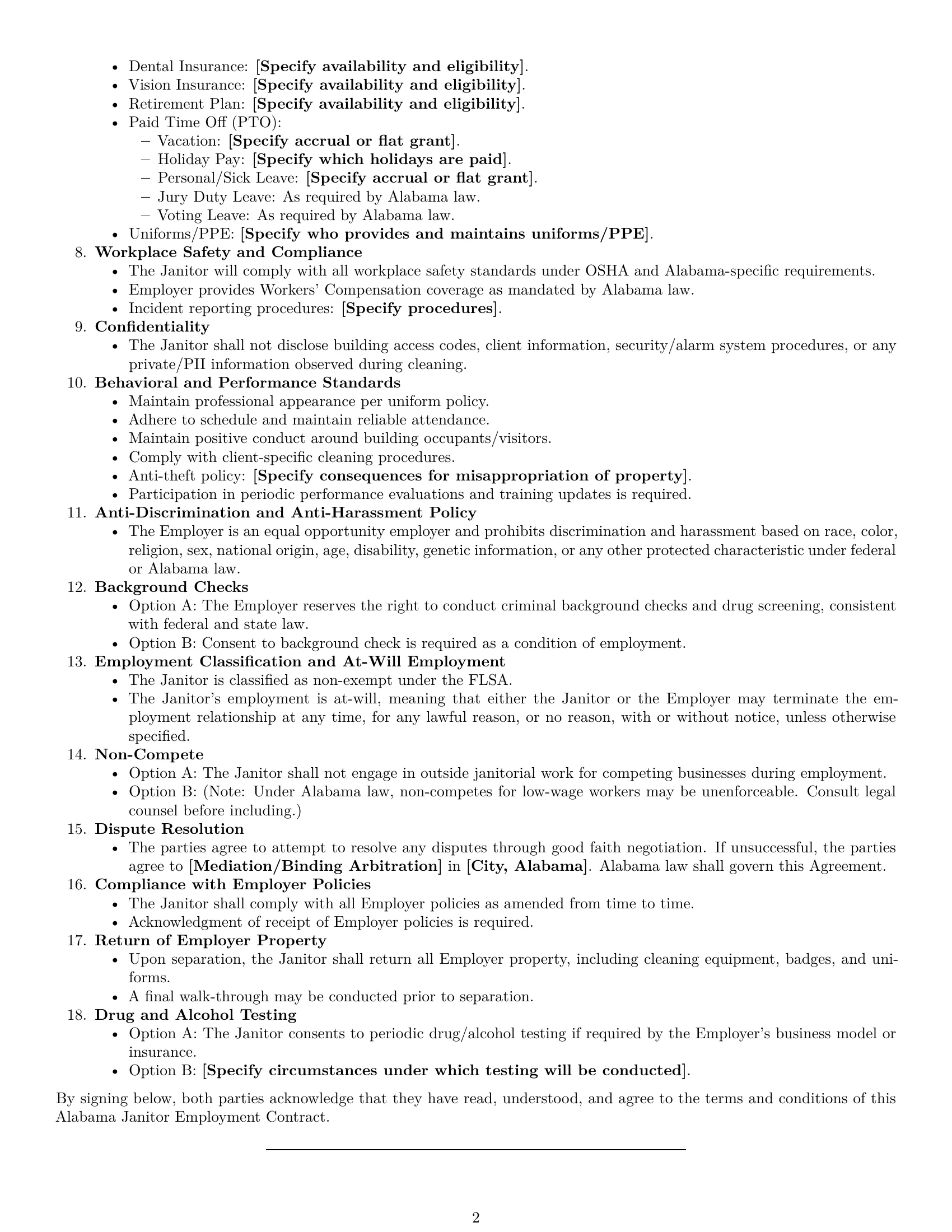 Preview page 2 of Free Alabama janitor employment contract template