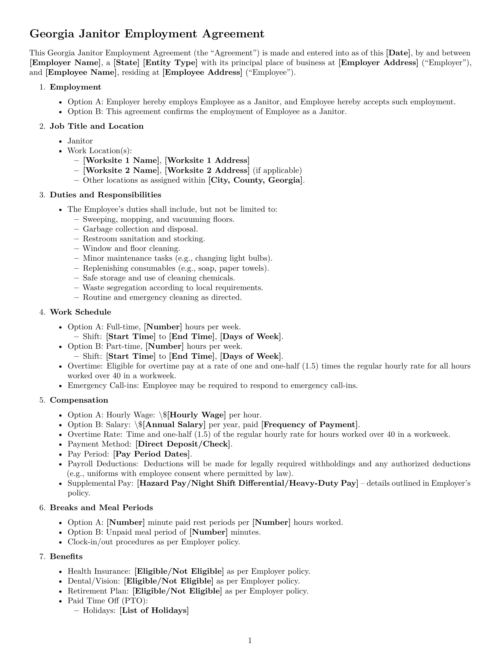 Preview page 1 of Free Georgia janitor employment contract template