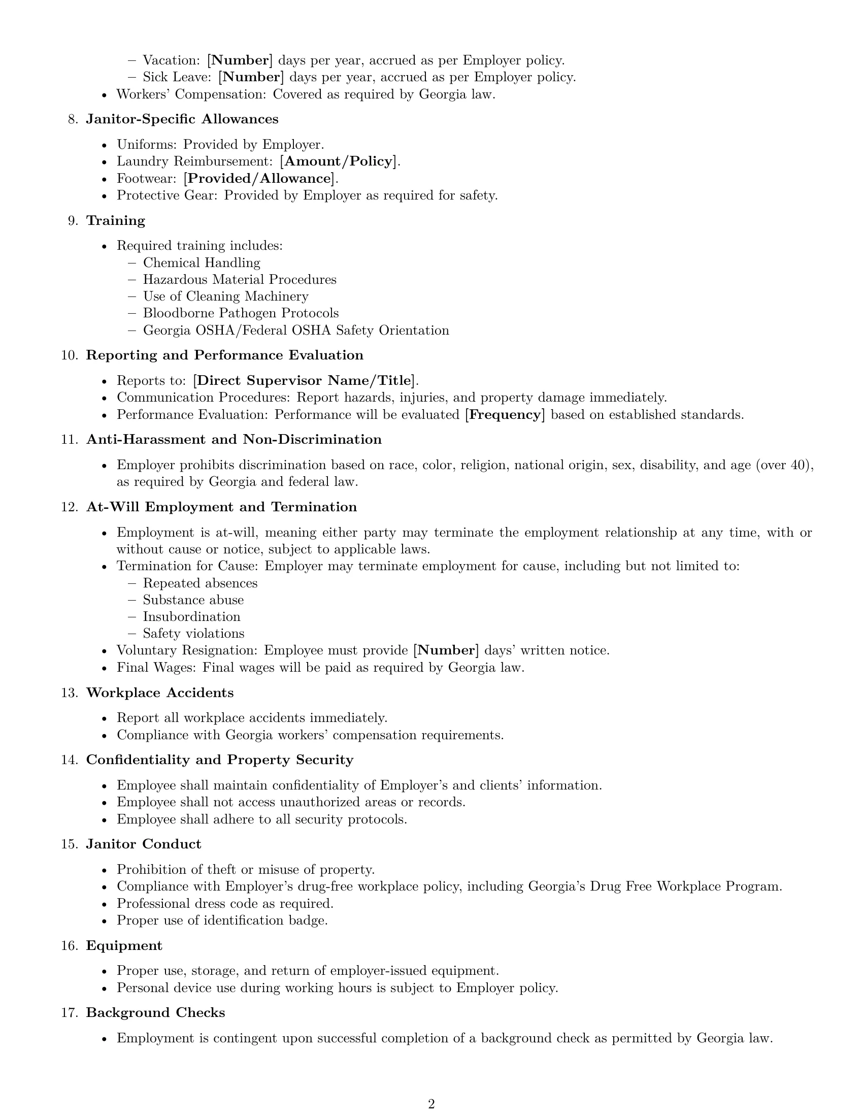 Preview page 2 of Free Georgia janitor employment contract template
