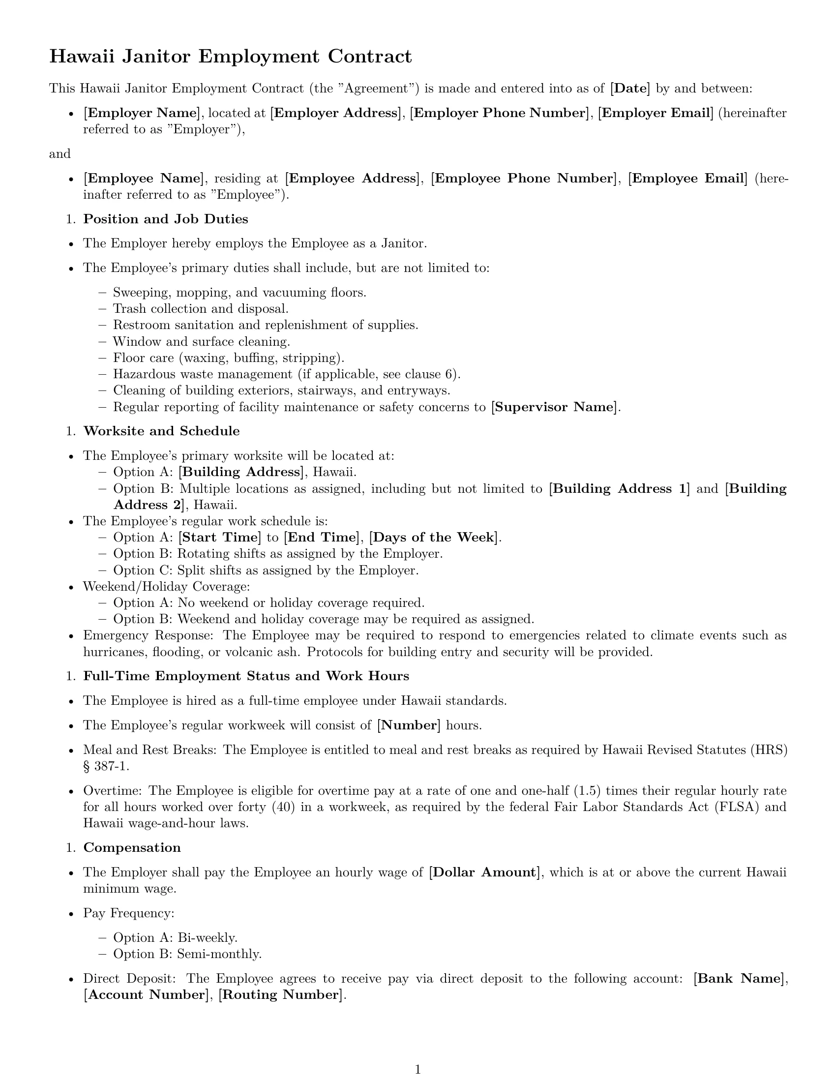 Preview page 1 of Free Hawaii janitor employment contract template