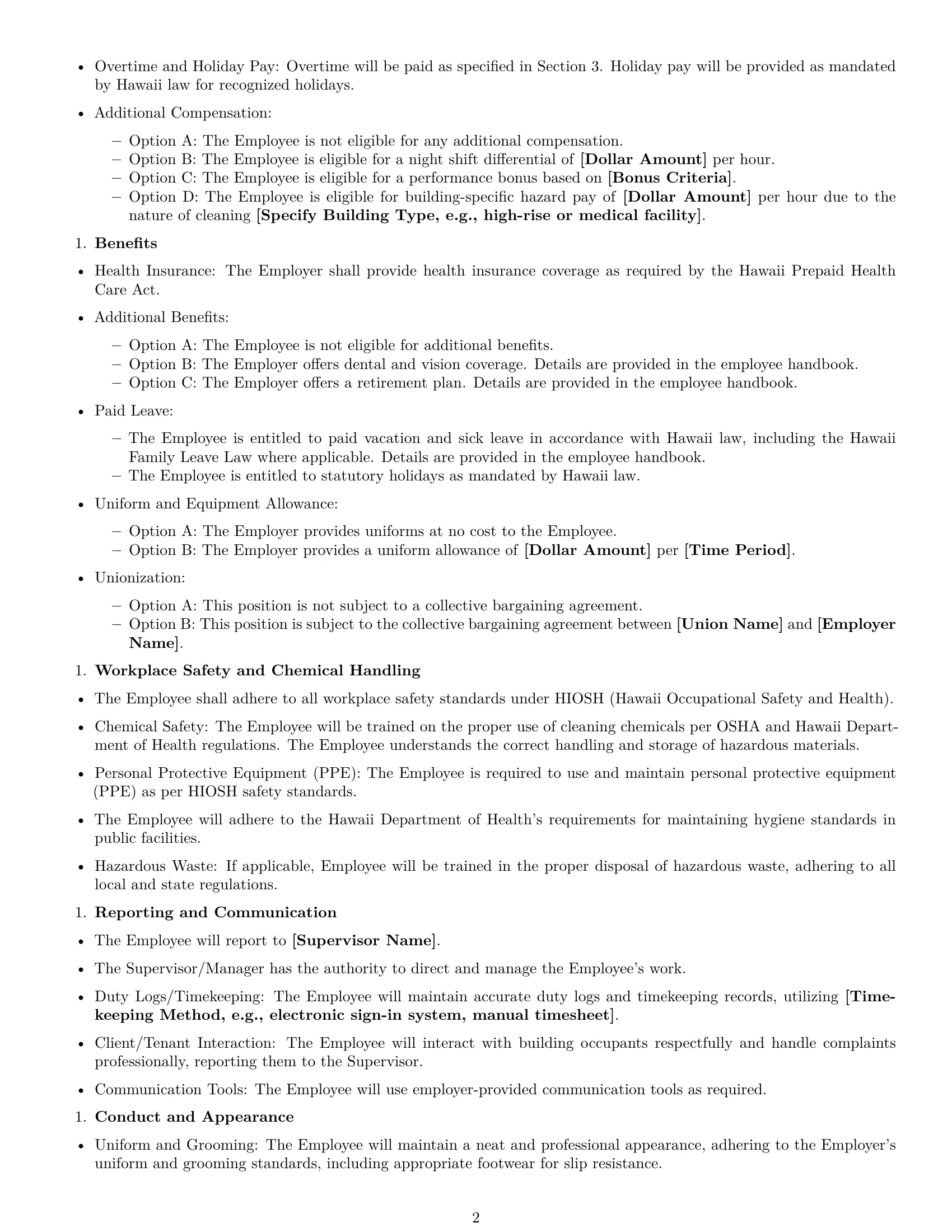 Preview page 2 of Free Hawaii janitor employment contract template
