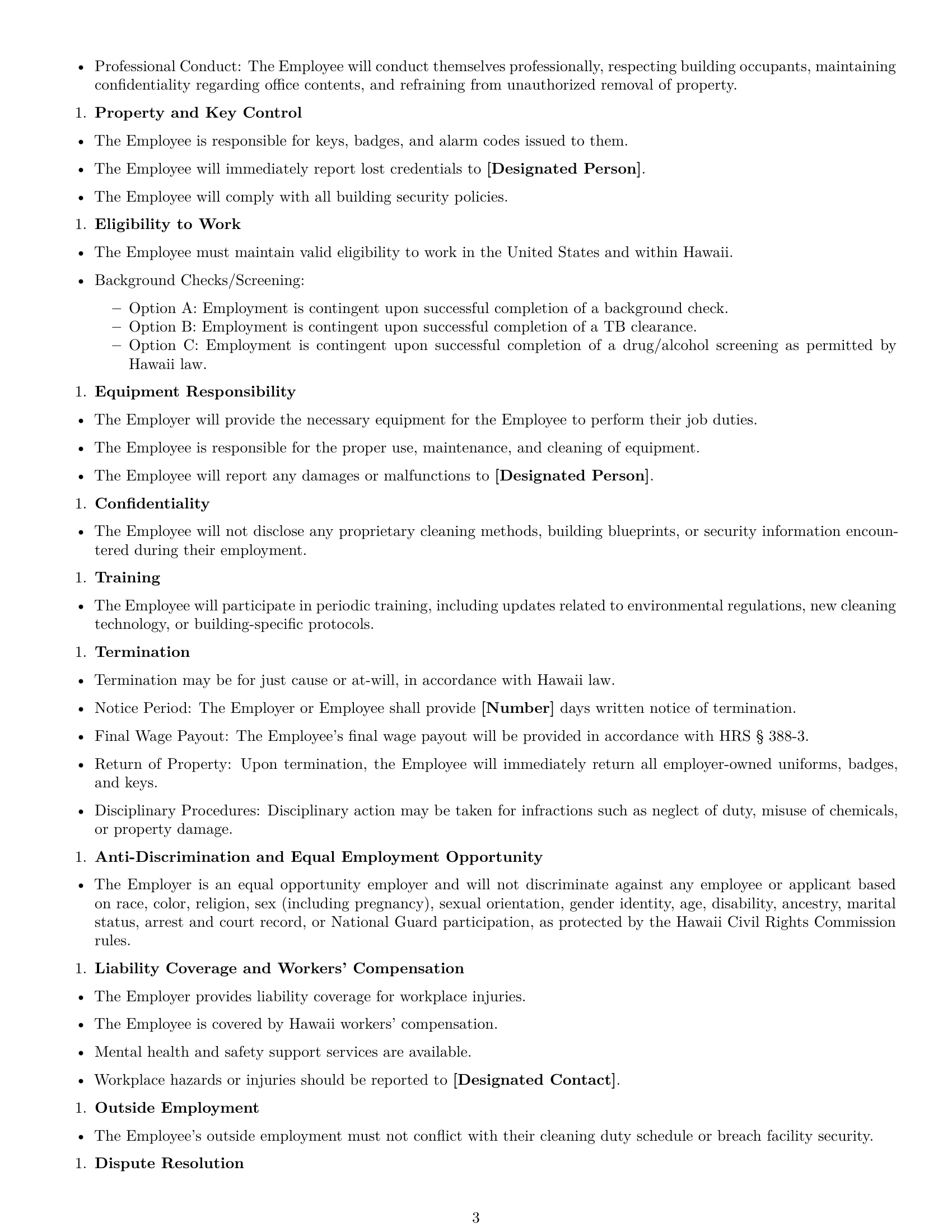 Preview page 3 of Free Hawaii janitor employment contract template
