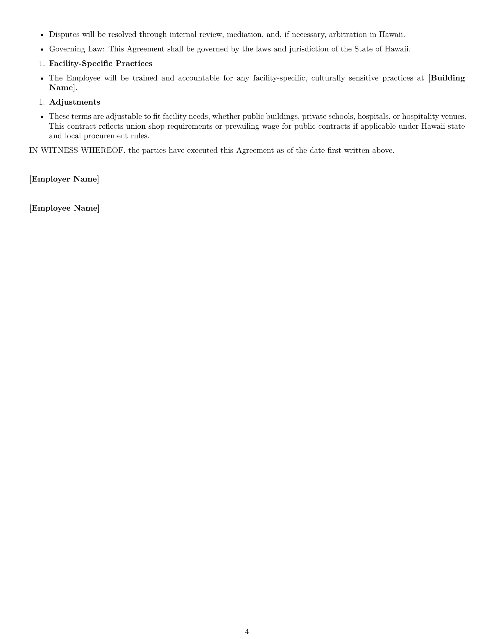 Preview page 4 of Free Hawaii janitor employment contract template