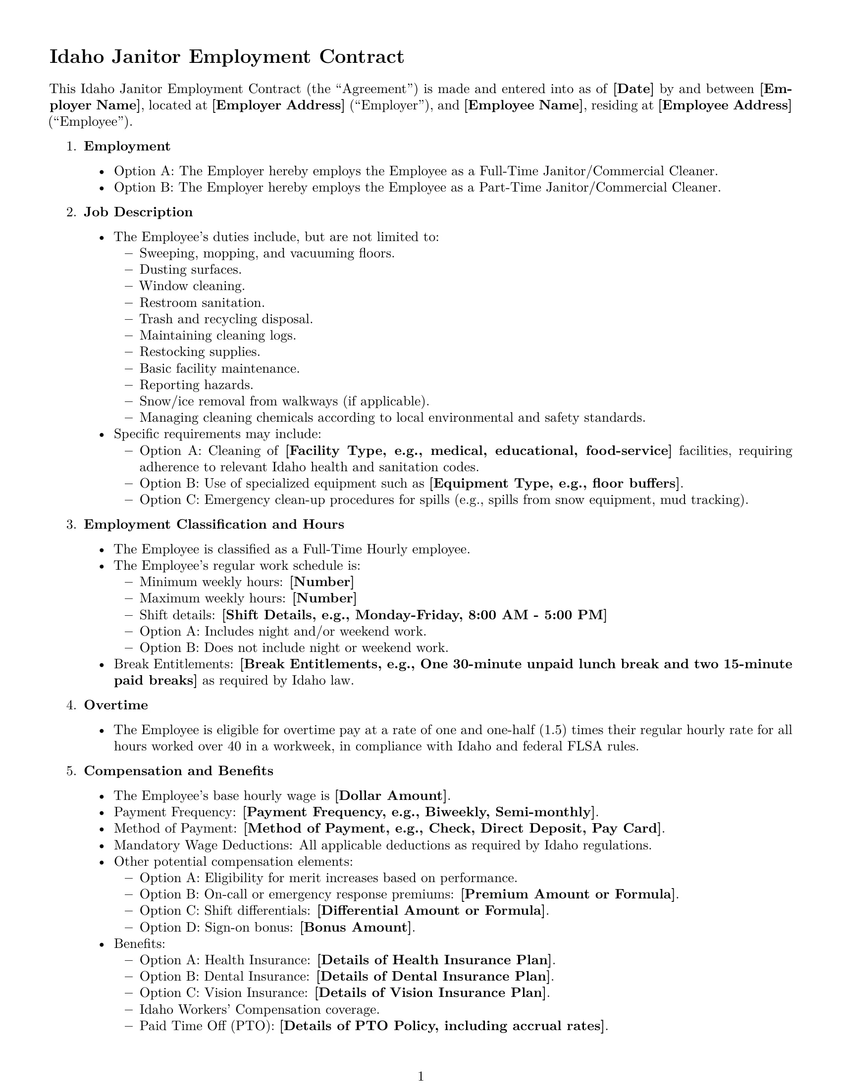Preview page 1 of Free Idaho janitor employment contract template
