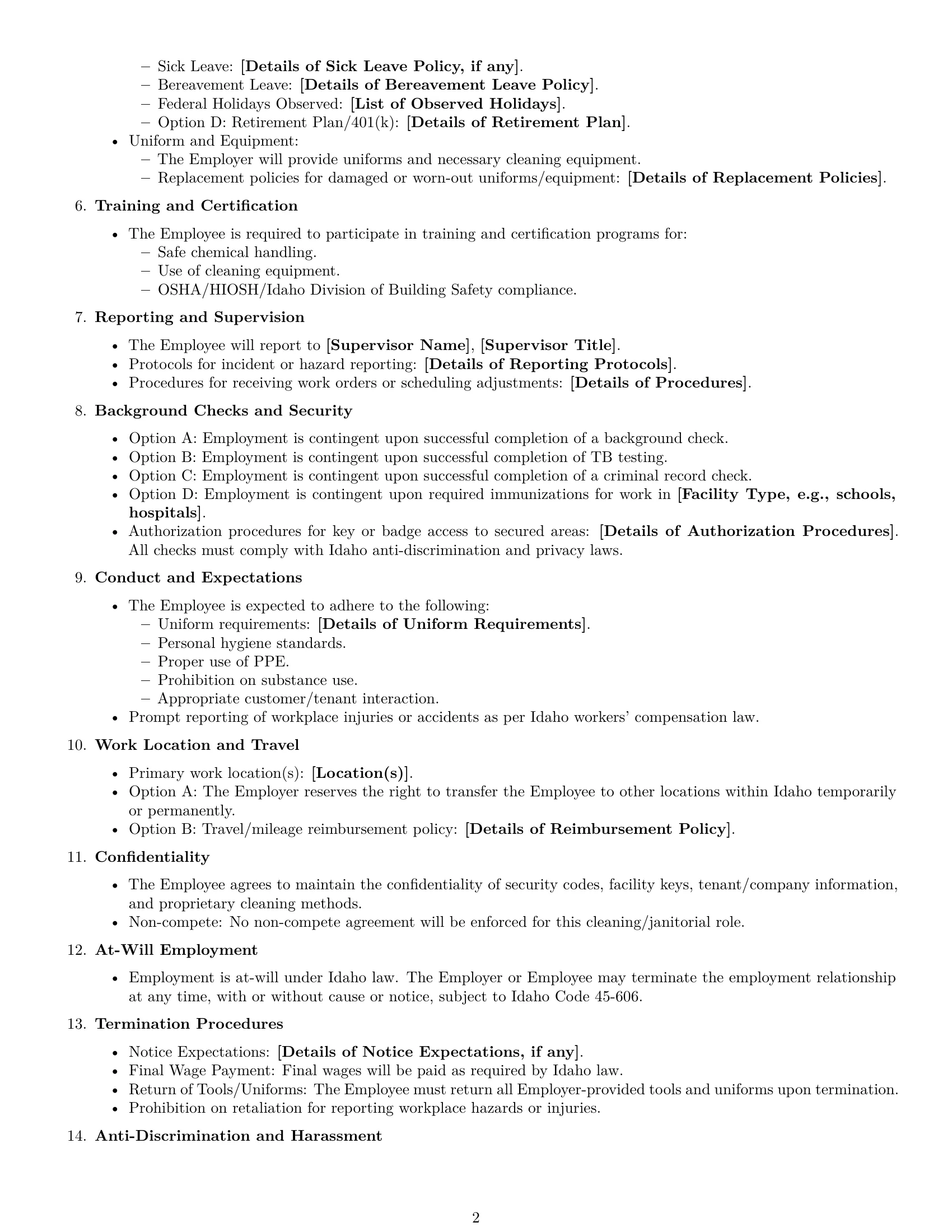 Preview page 2 of Free Idaho janitor employment contract template