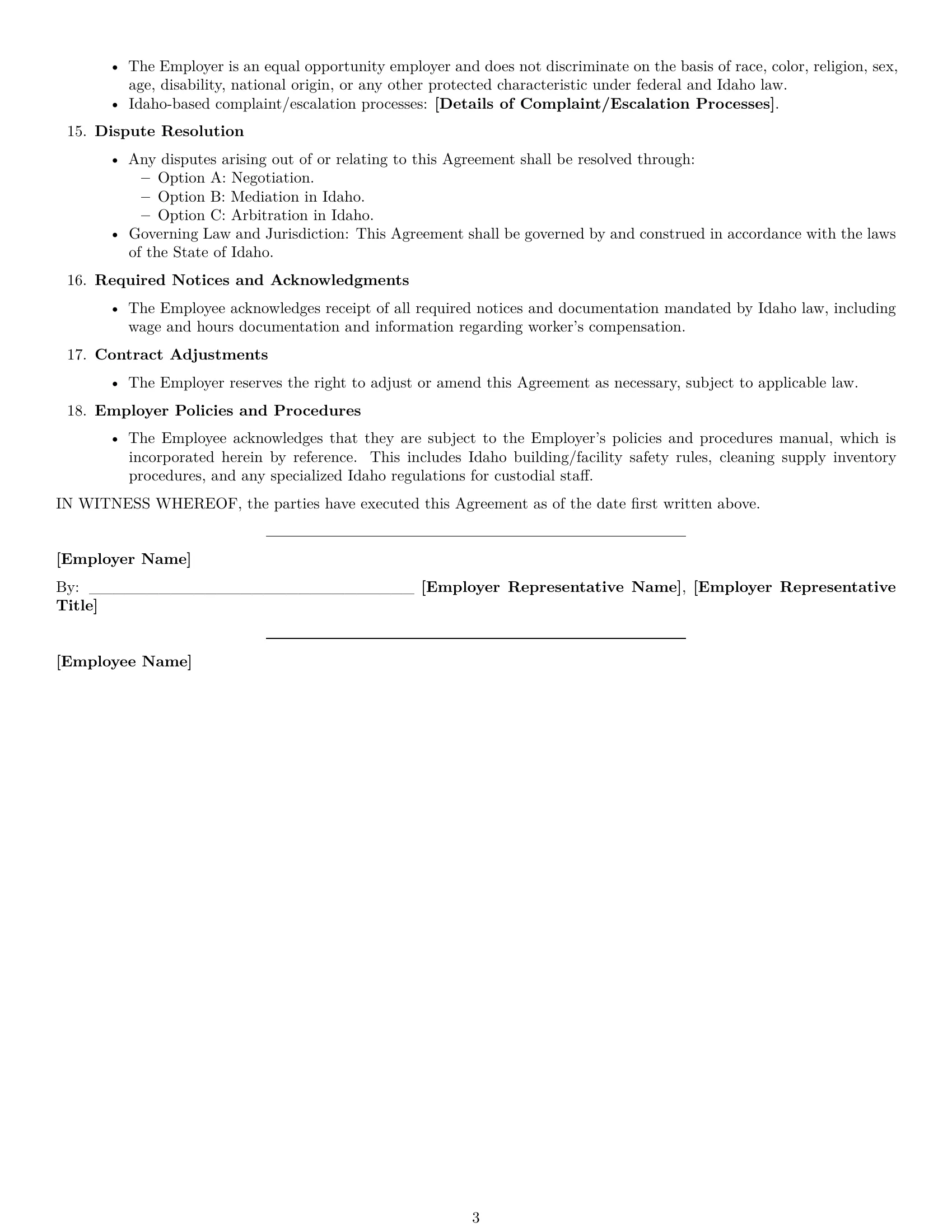 Preview page 3 of Free Idaho janitor employment contract template