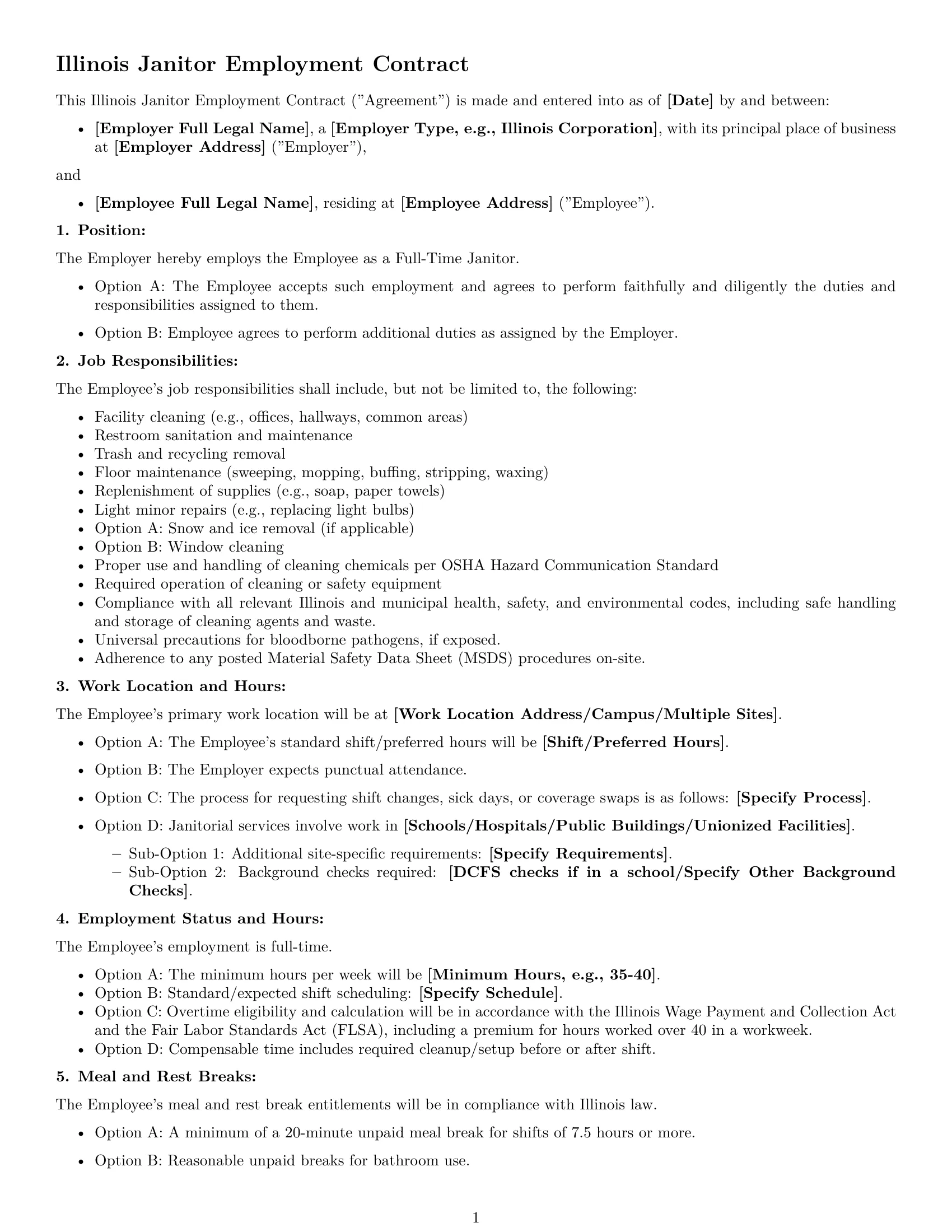 Preview page 1 of Free Illinois janitor employment contract template