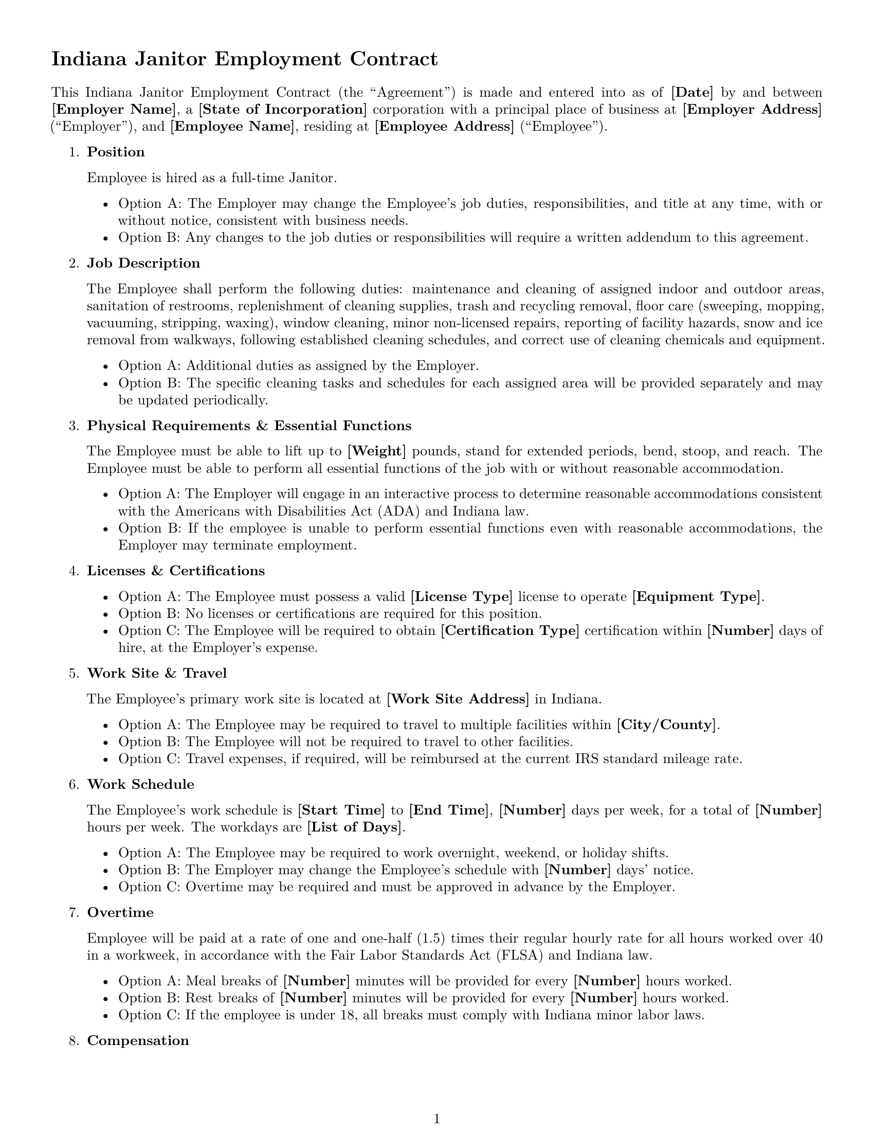 Preview page 1 of Free Indiana janitor employment contract template