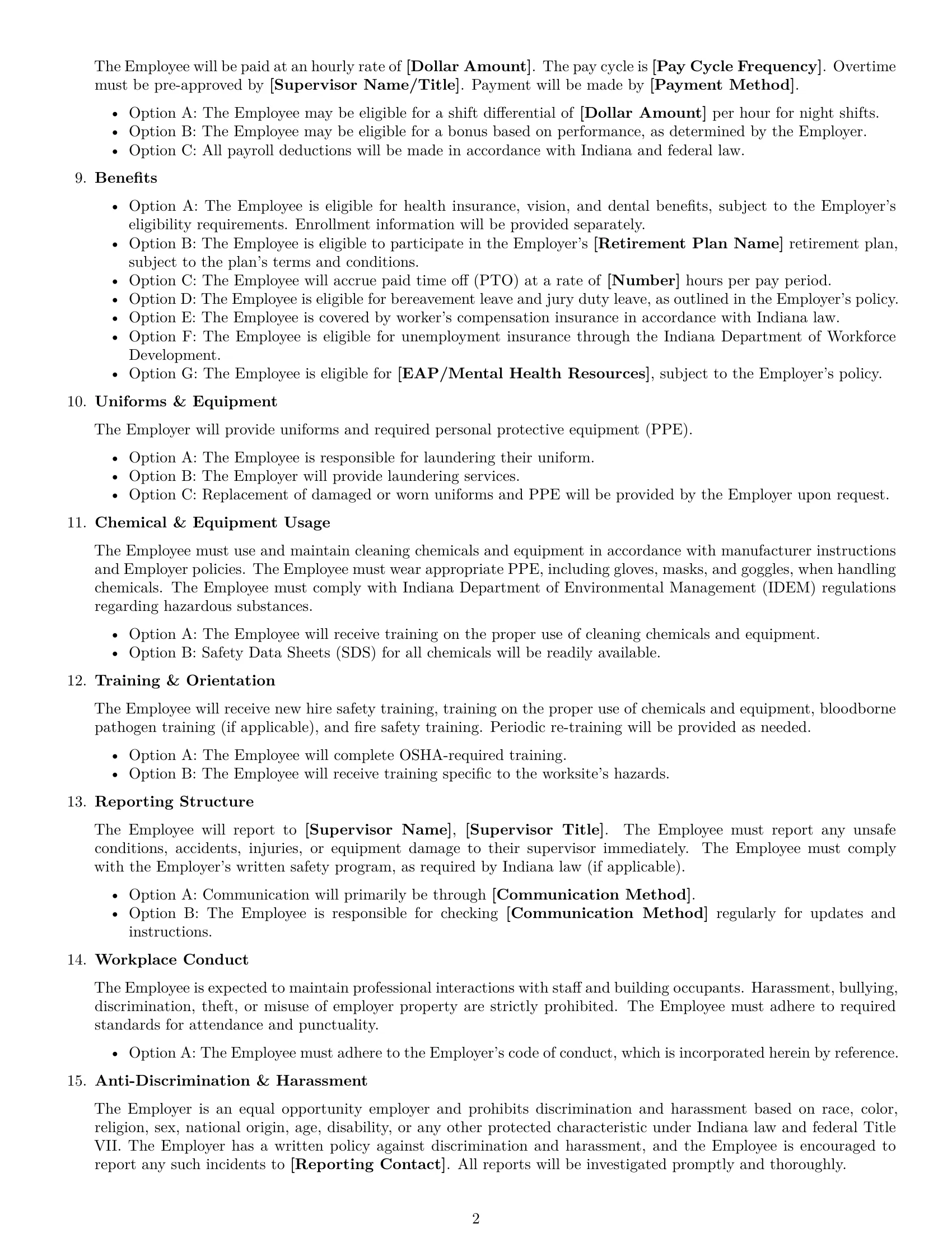 Preview page 2 of Free Indiana janitor employment contract template