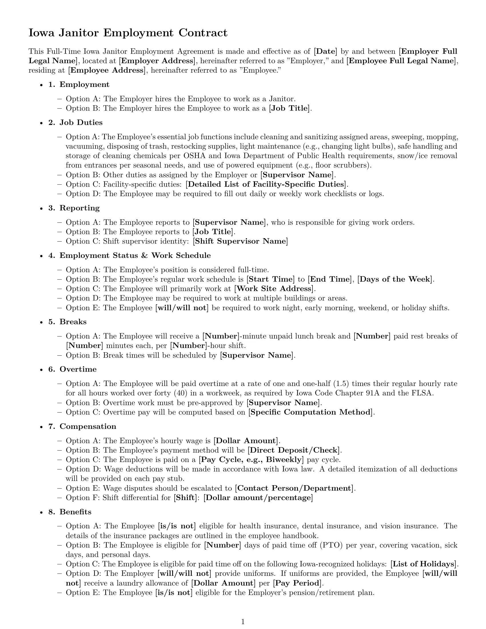 Preview page 1 of Free Iowa janitor employment contract template