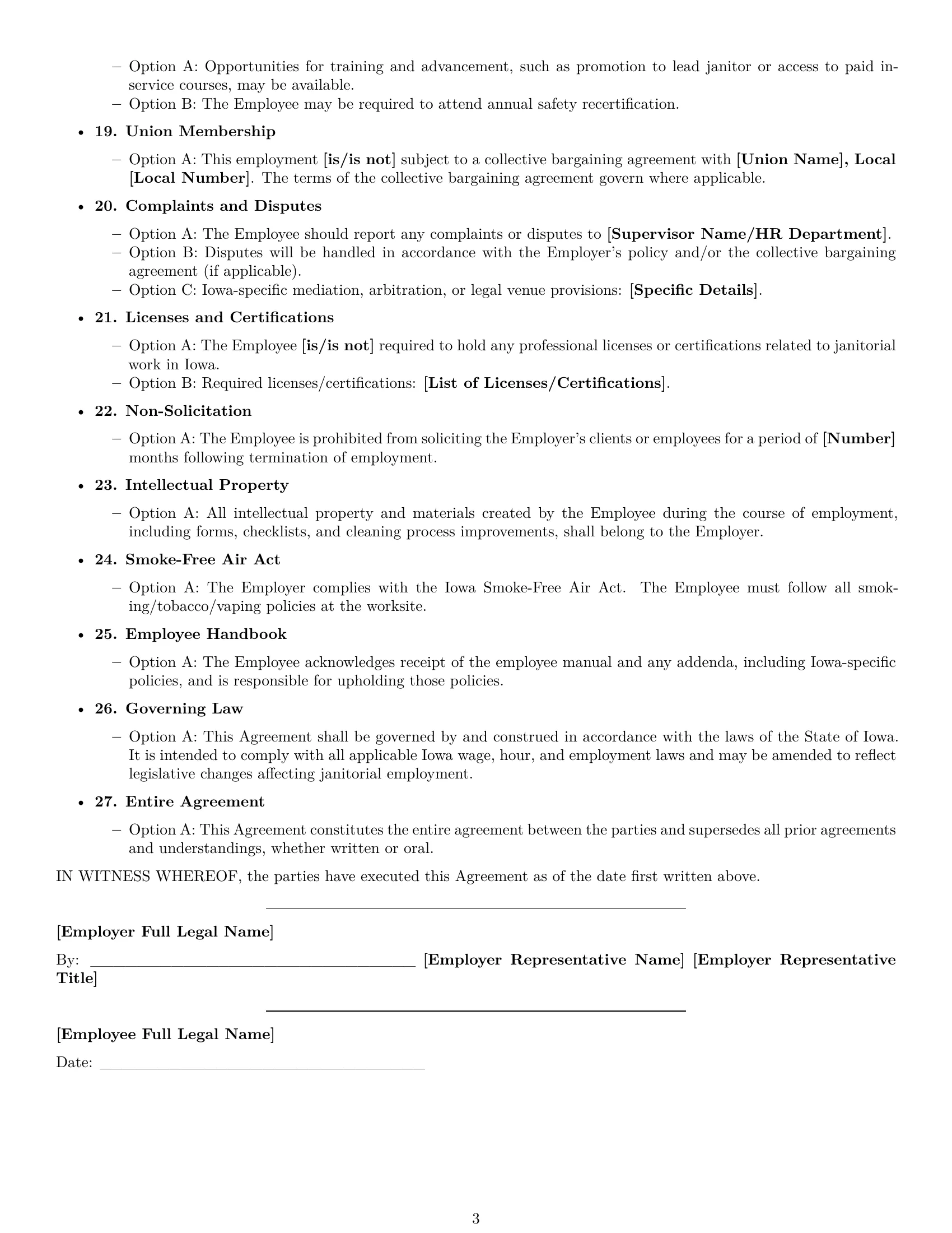 Preview page 3 of Free Iowa janitor employment contract template