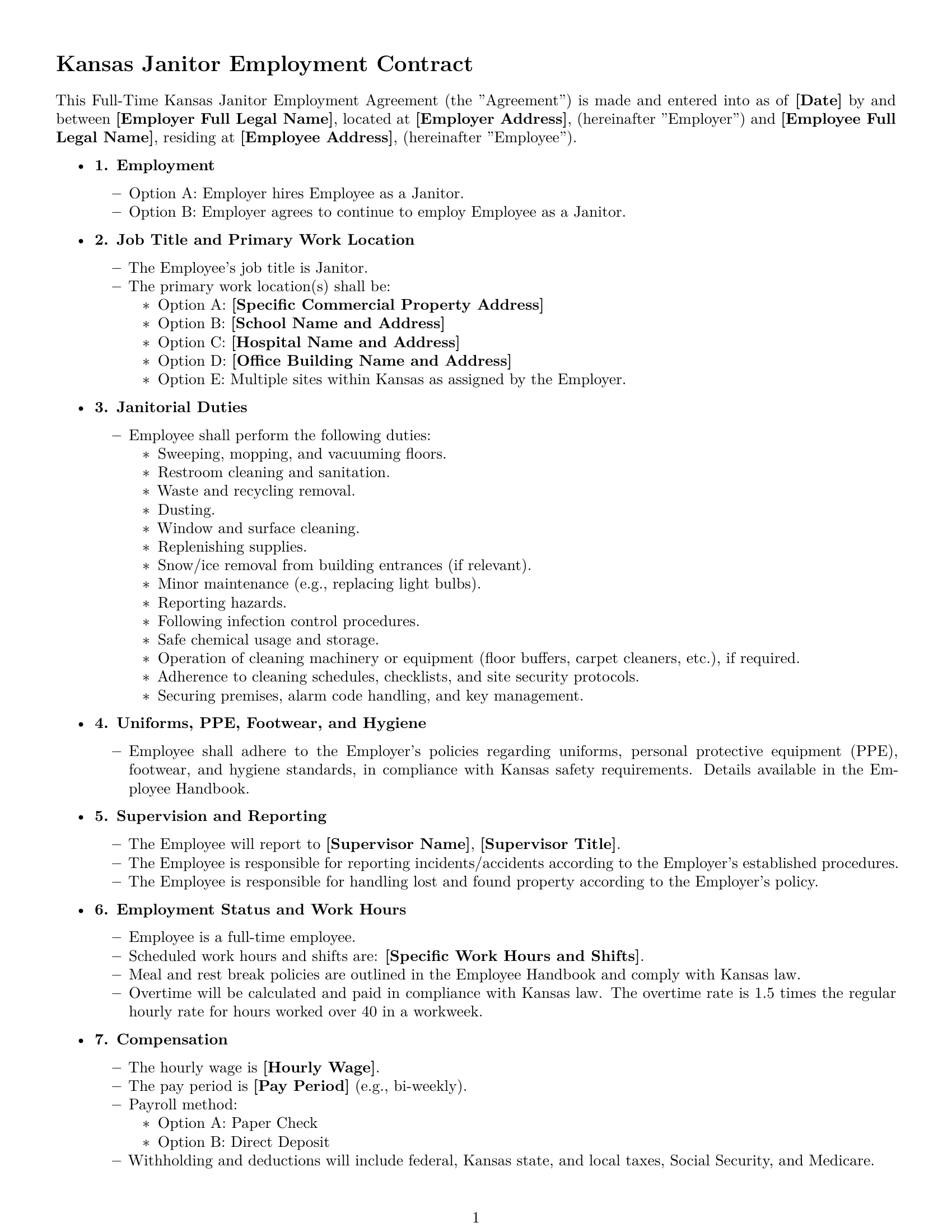 Preview page 1 of Free Kansas janitor employment contract template