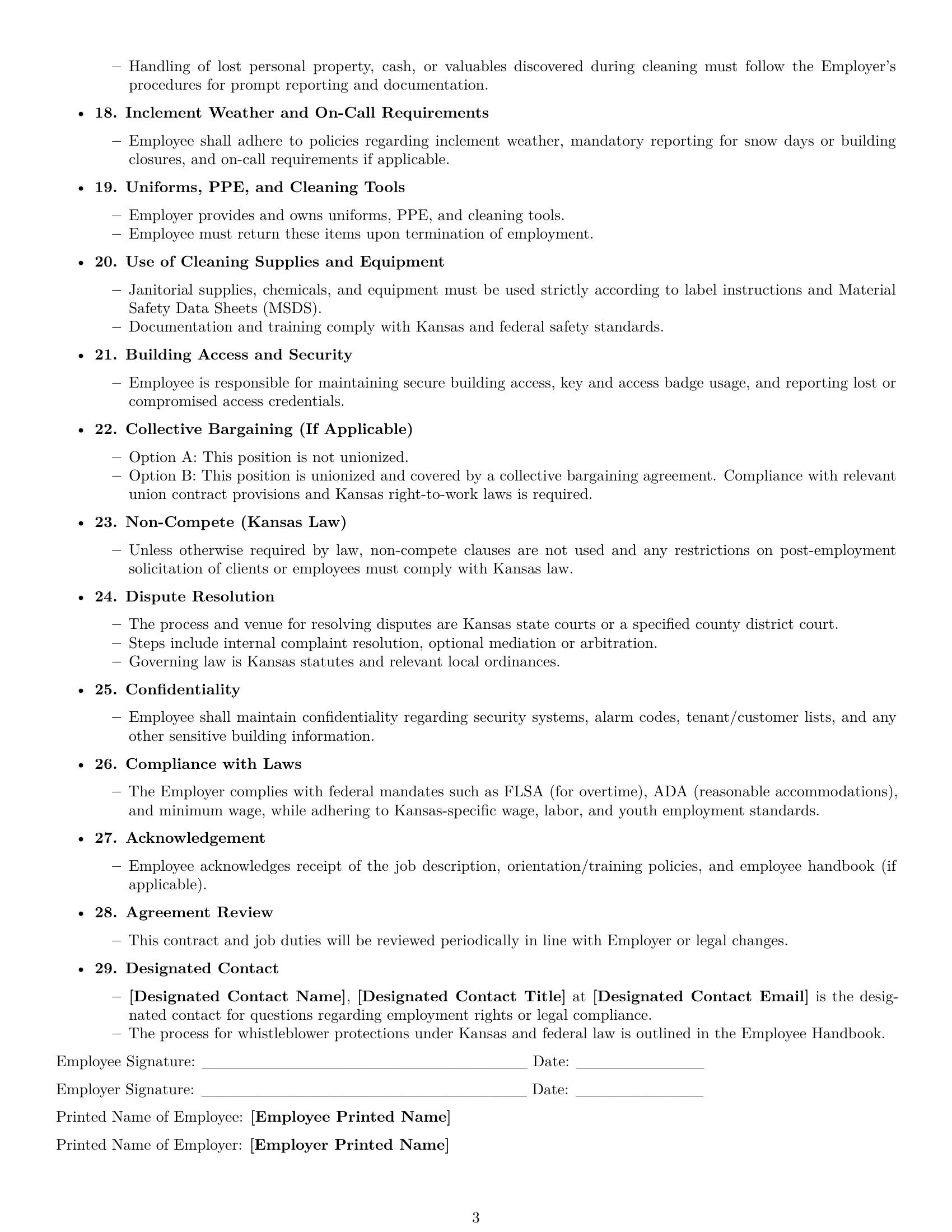 Preview page 3 of Free Kansas janitor employment contract template