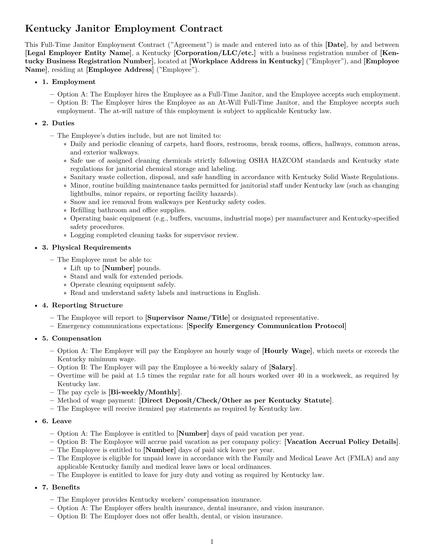 Preview page 1 of Free Kentucky janitor employment contract template