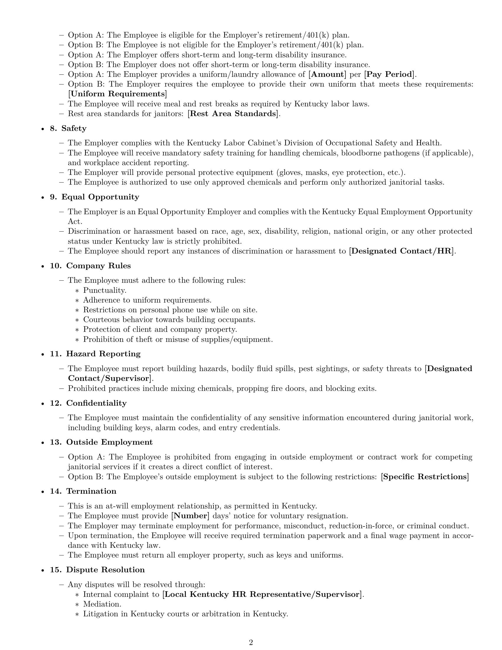 Preview page 2 of Free Kentucky janitor employment contract template