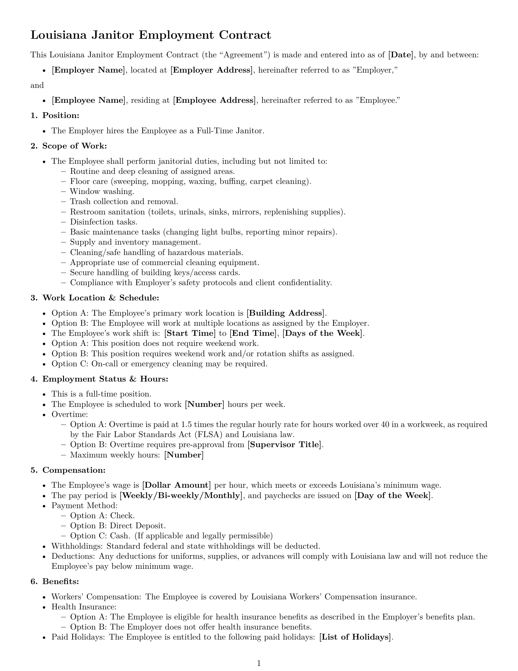 Preview page 1 of Free Louisiana janitor employment contract template