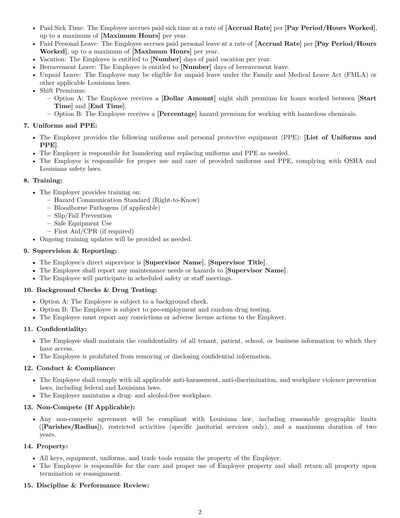 Preview page 2 of Free Louisiana janitor employment contract template
