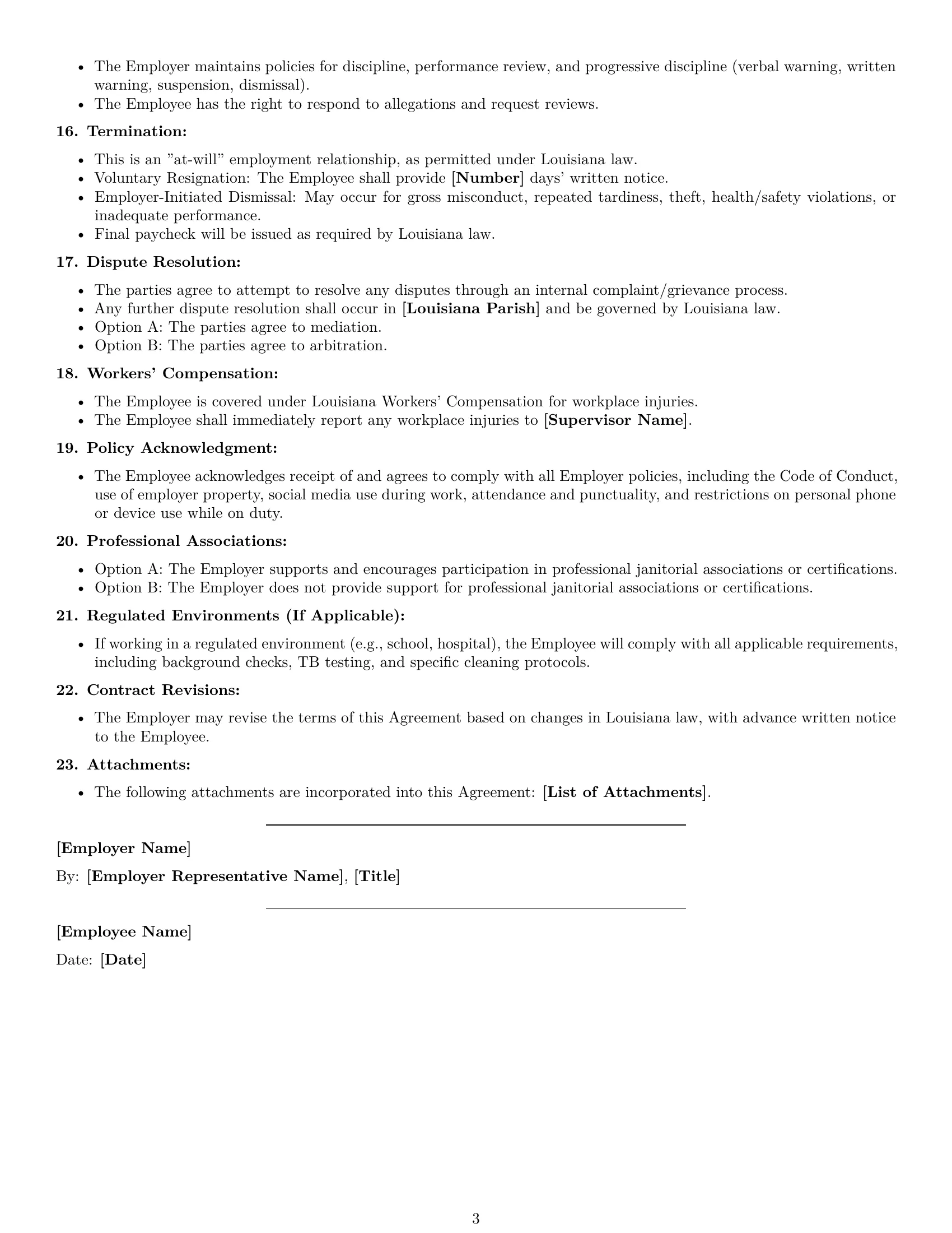Preview page 3 of Free Louisiana janitor employment contract template