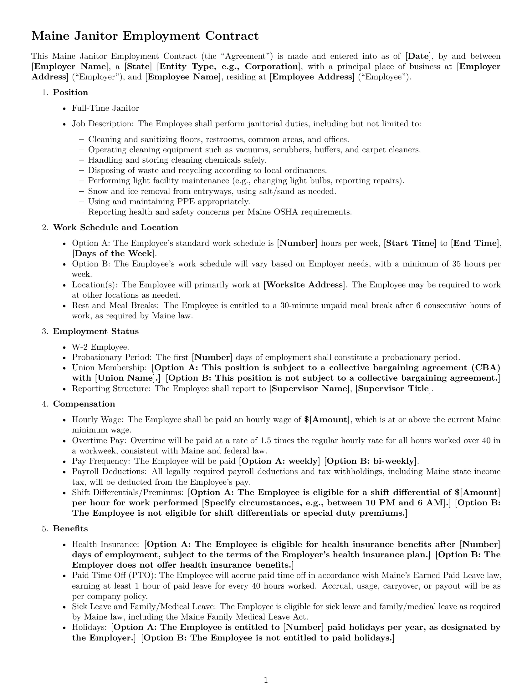 Preview page 1 of Free Maine janitor employment contract template