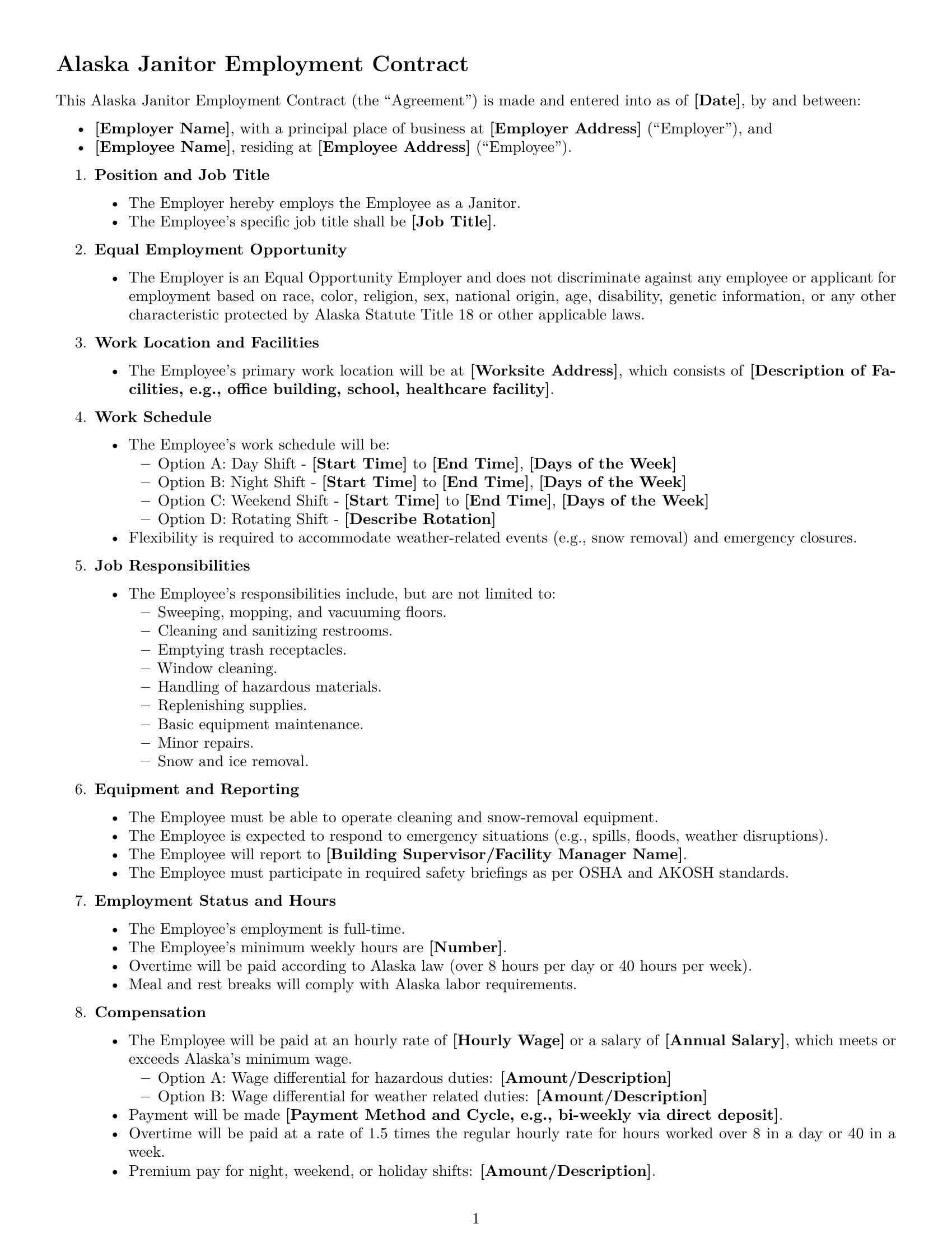 Preview page 1 of Free Alaska janitor employment contract template