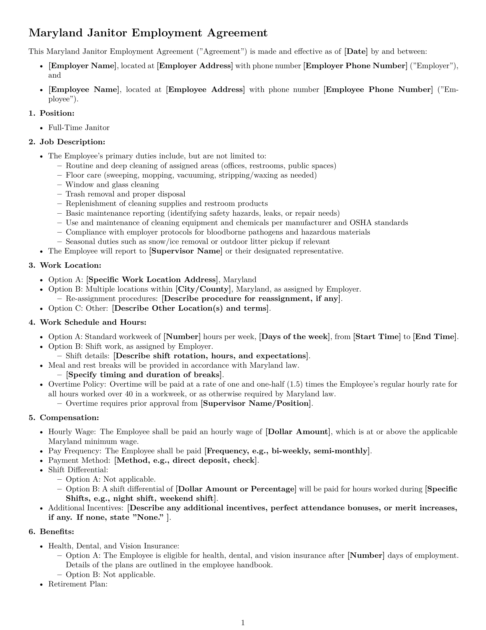 Preview page 1 of Free Maryland janitor employment contract template