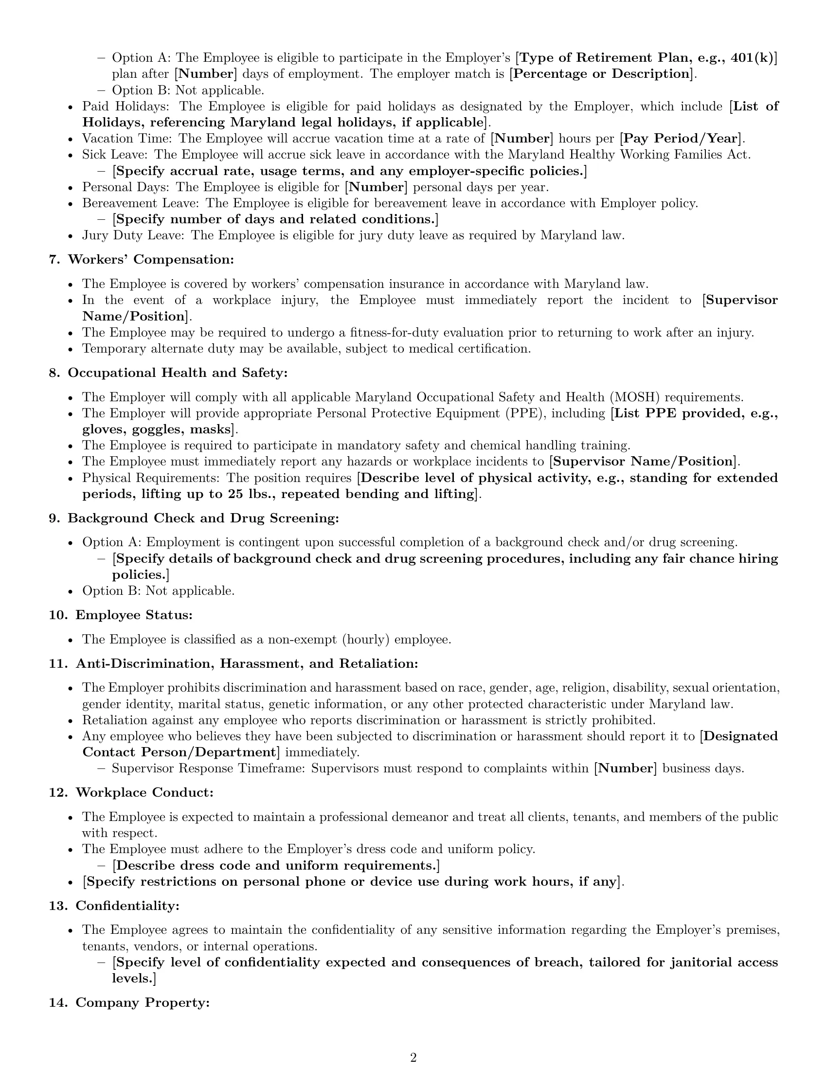 Preview page 2 of Free Maryland janitor employment contract template