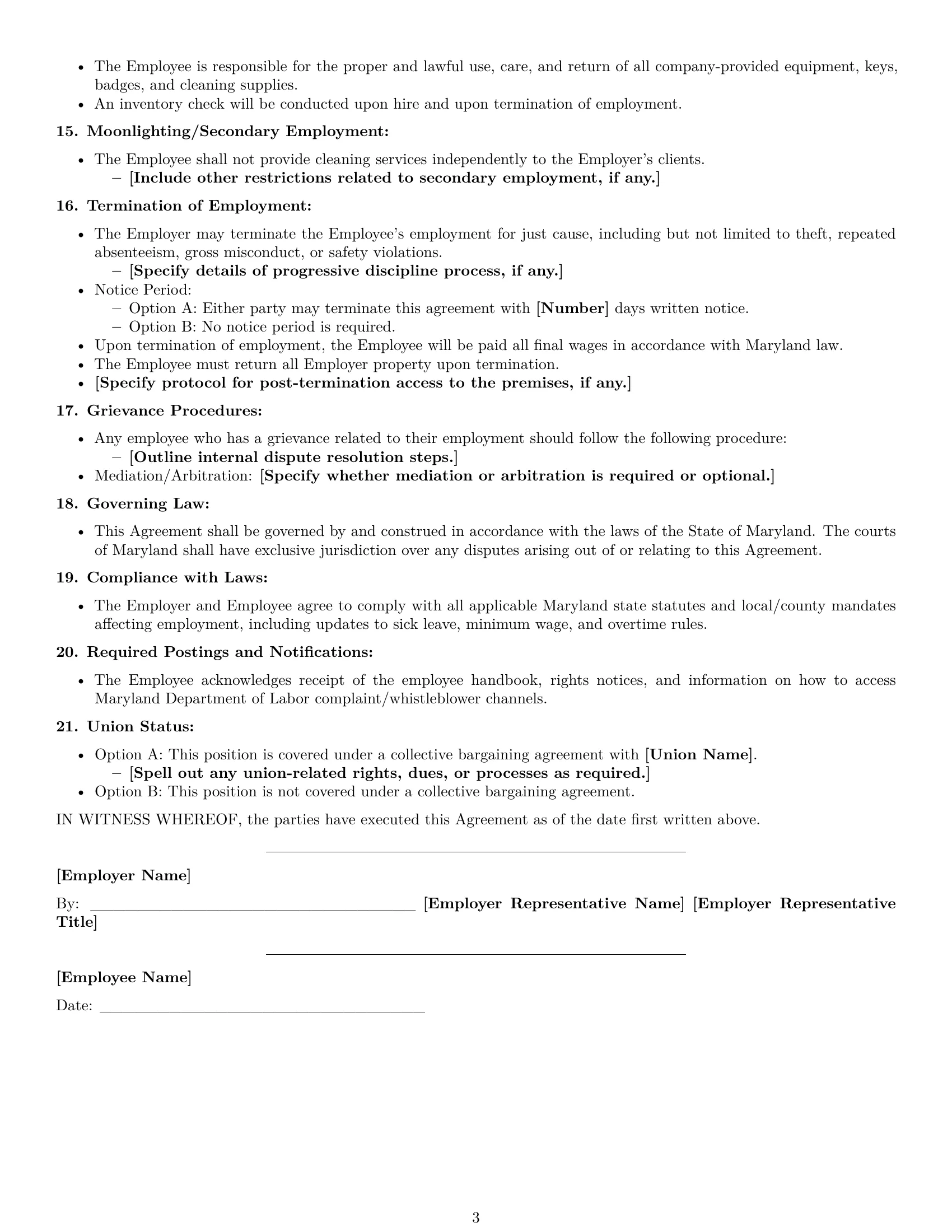 Preview page 3 of Free Maryland janitor employment contract template