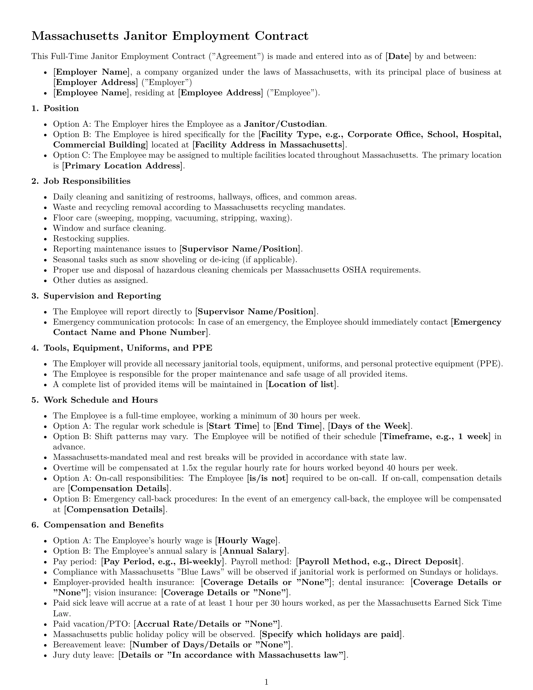 Preview page 1 of Free Massachusetts janitor employment contract template