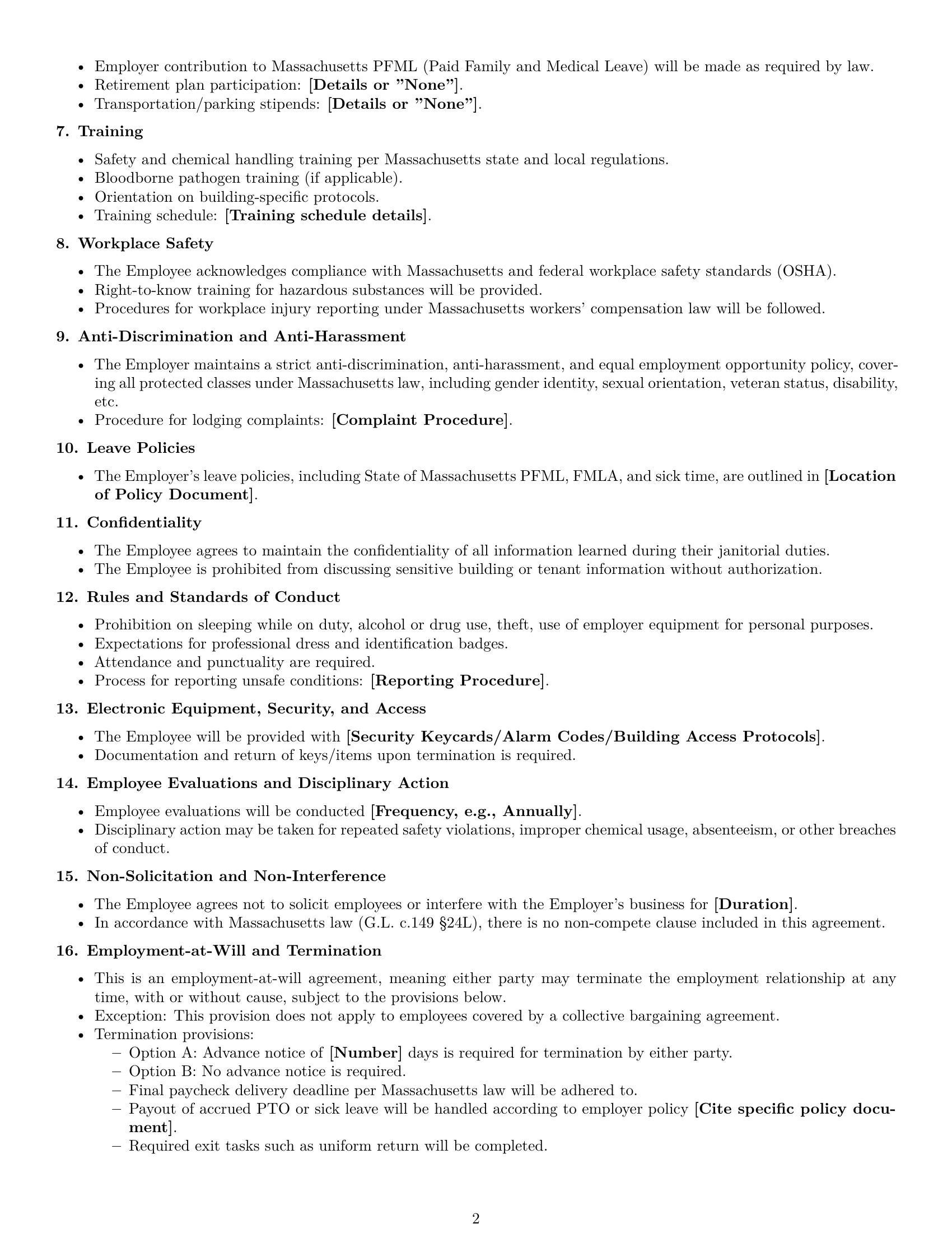 Preview page 2 of Free Massachusetts janitor employment contract template