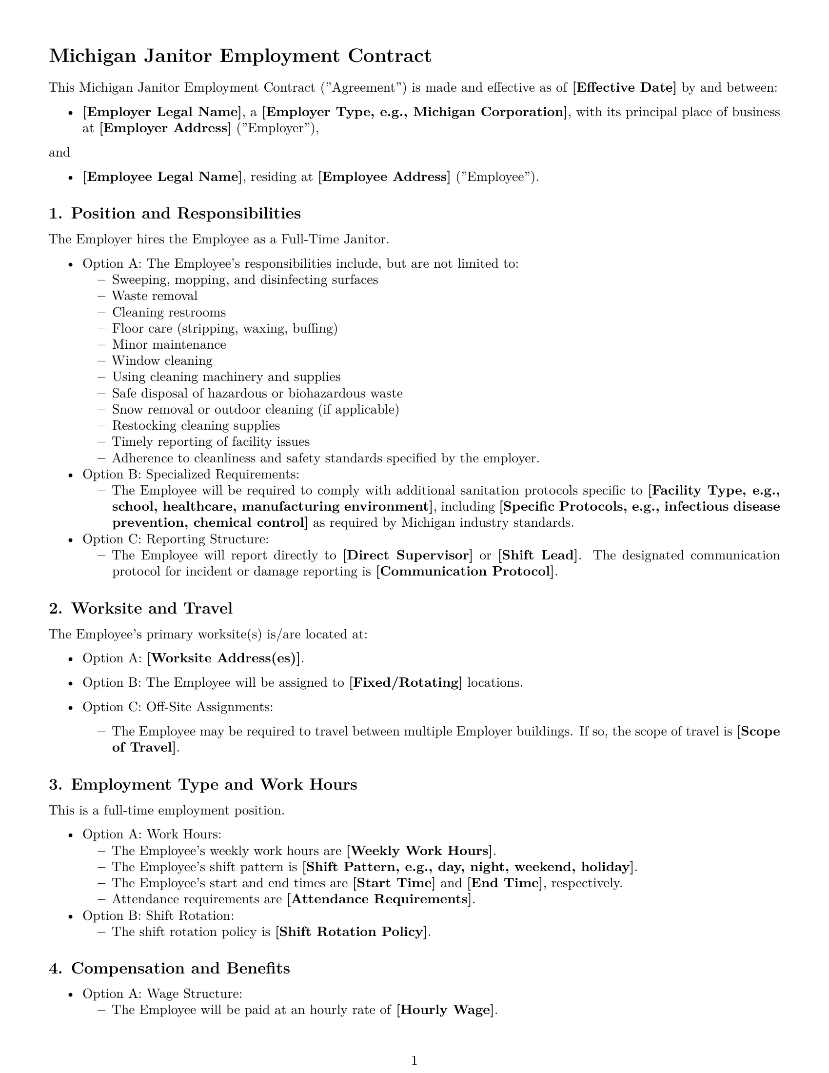 Preview page 1 of Free Michigan janitor employment contract template