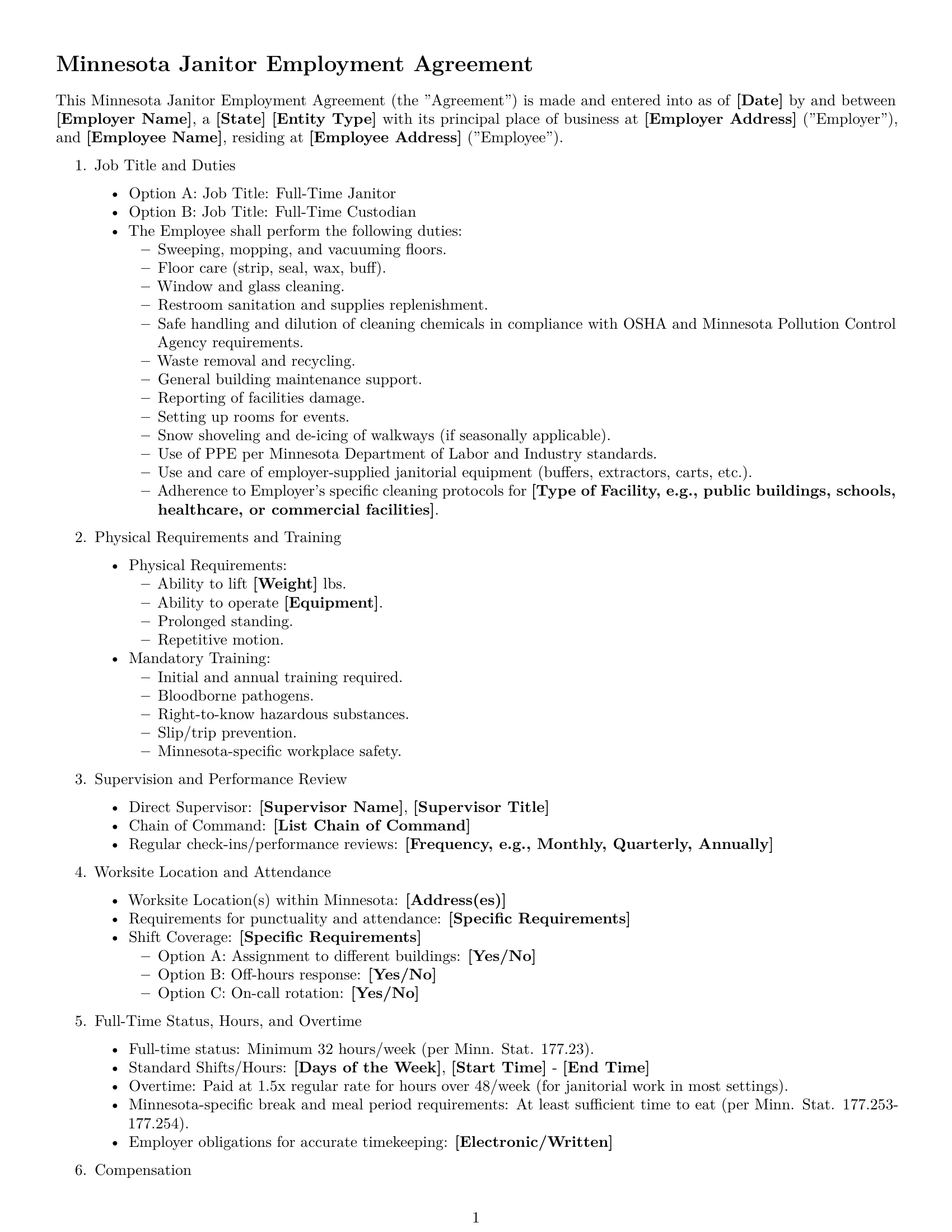 Preview page 1 of Free Minnesota janitor employment contract template