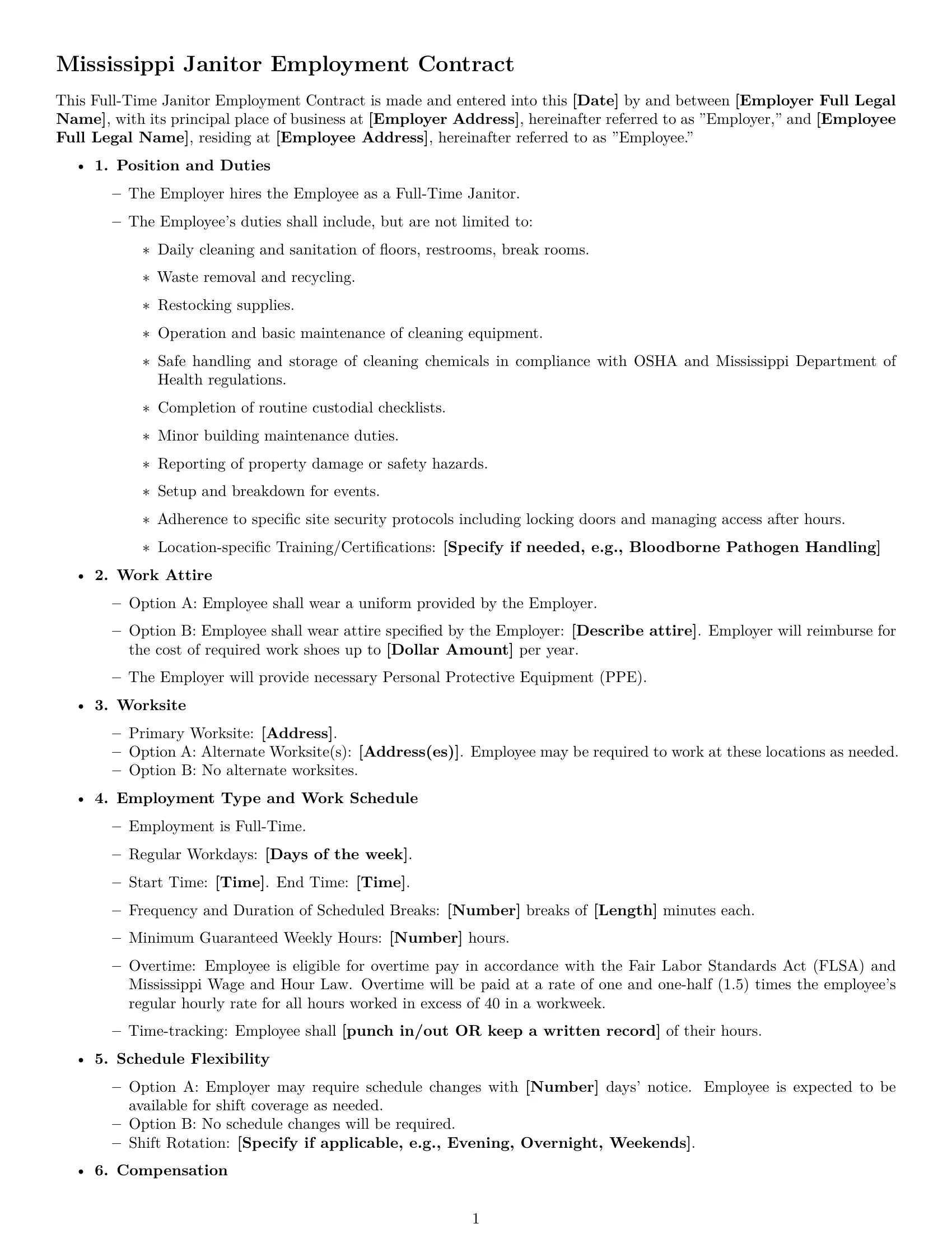 Preview page 1 of Free Mississippi janitor employment contract template
