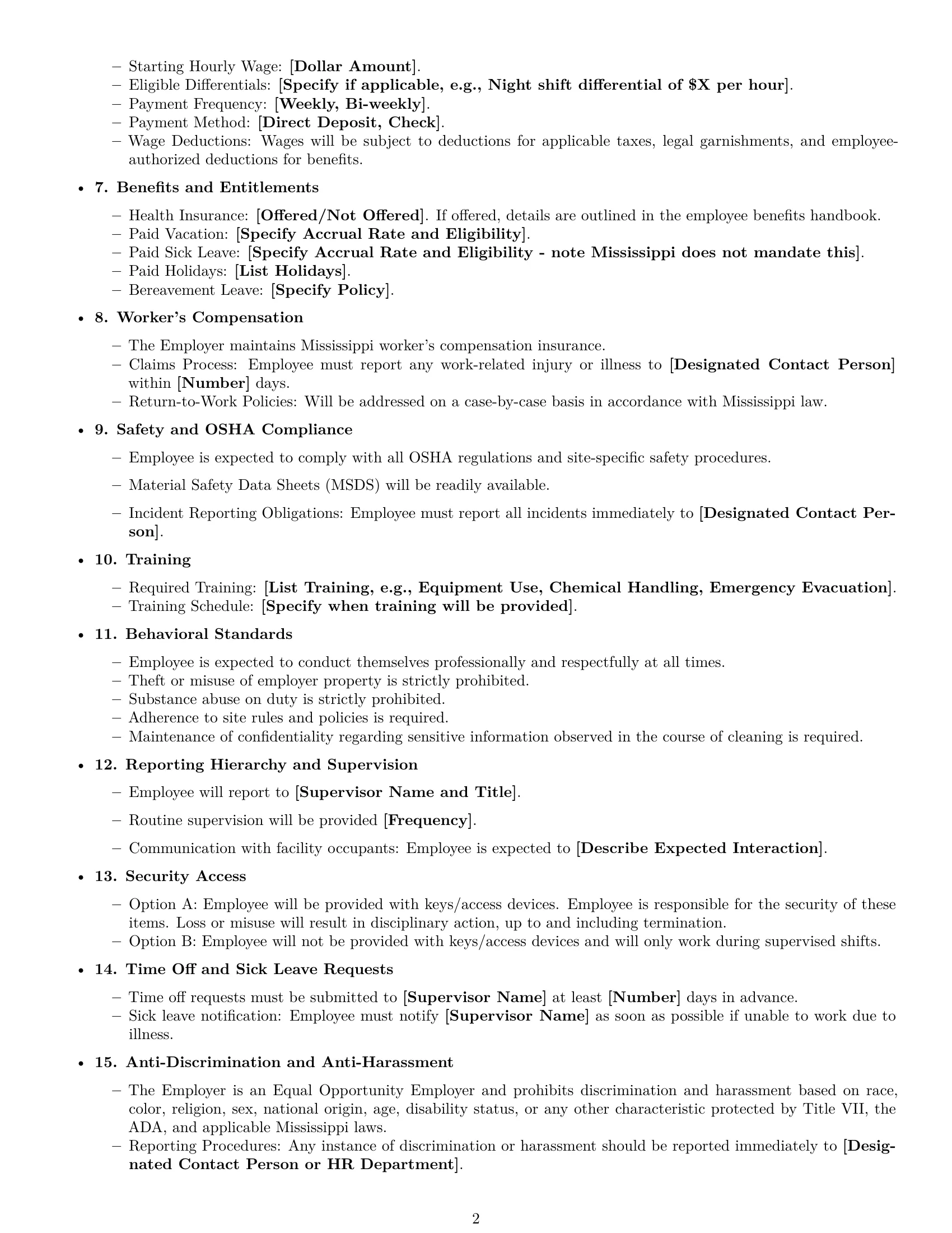 Preview page 2 of Free Mississippi janitor employment contract template