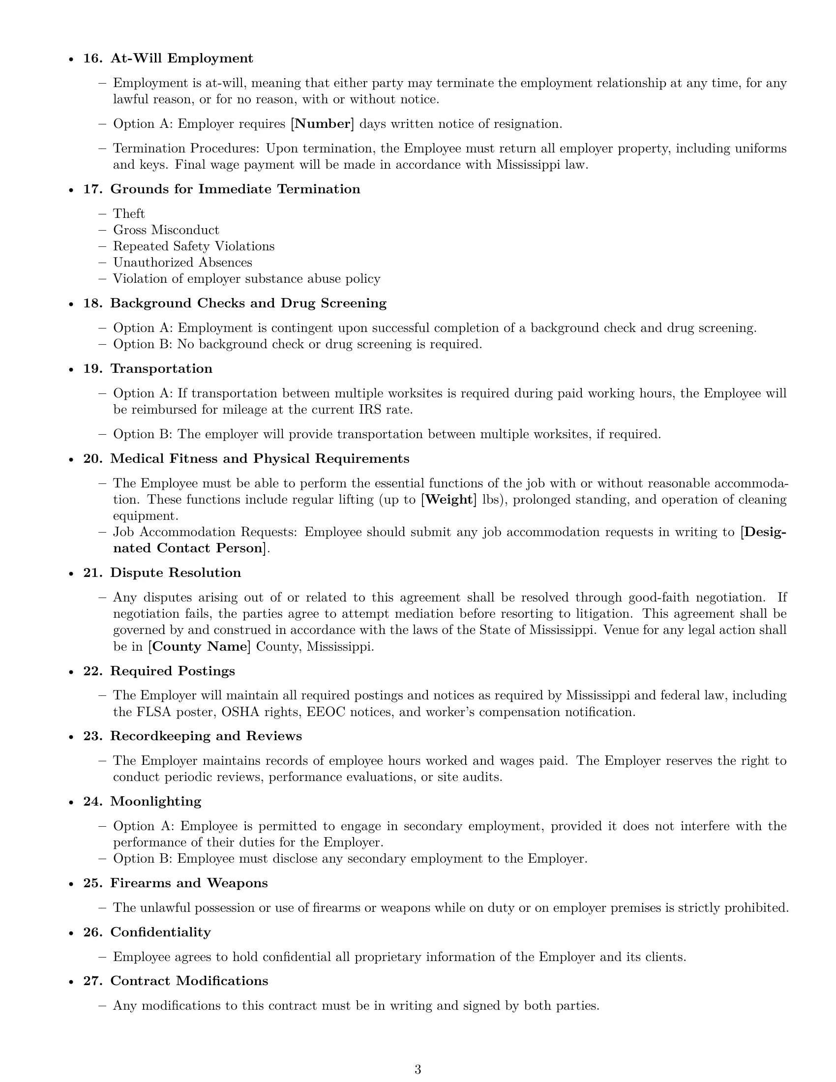 Preview page 3 of Free Mississippi janitor employment contract template