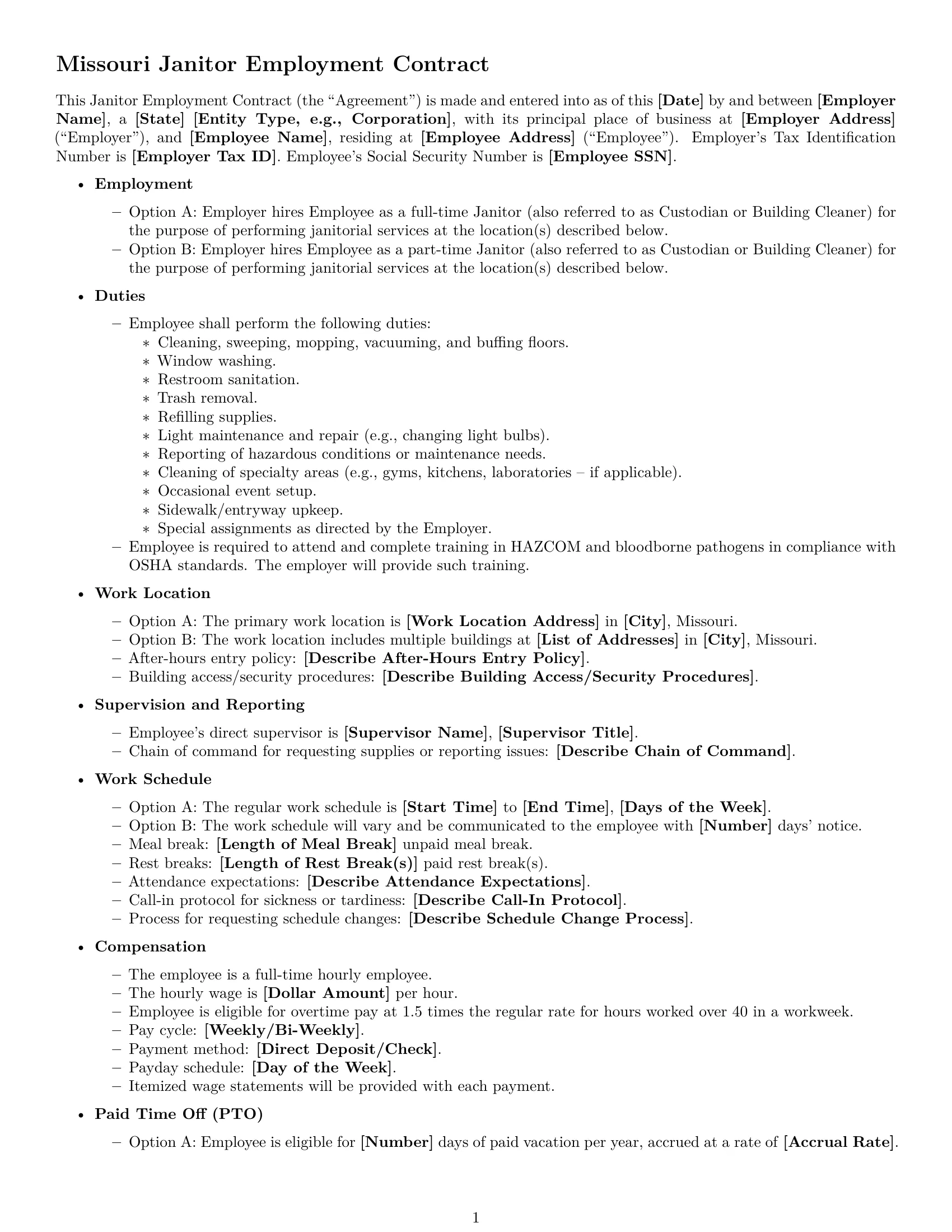 Preview page 1 of Free Missouri janitor employment contract template