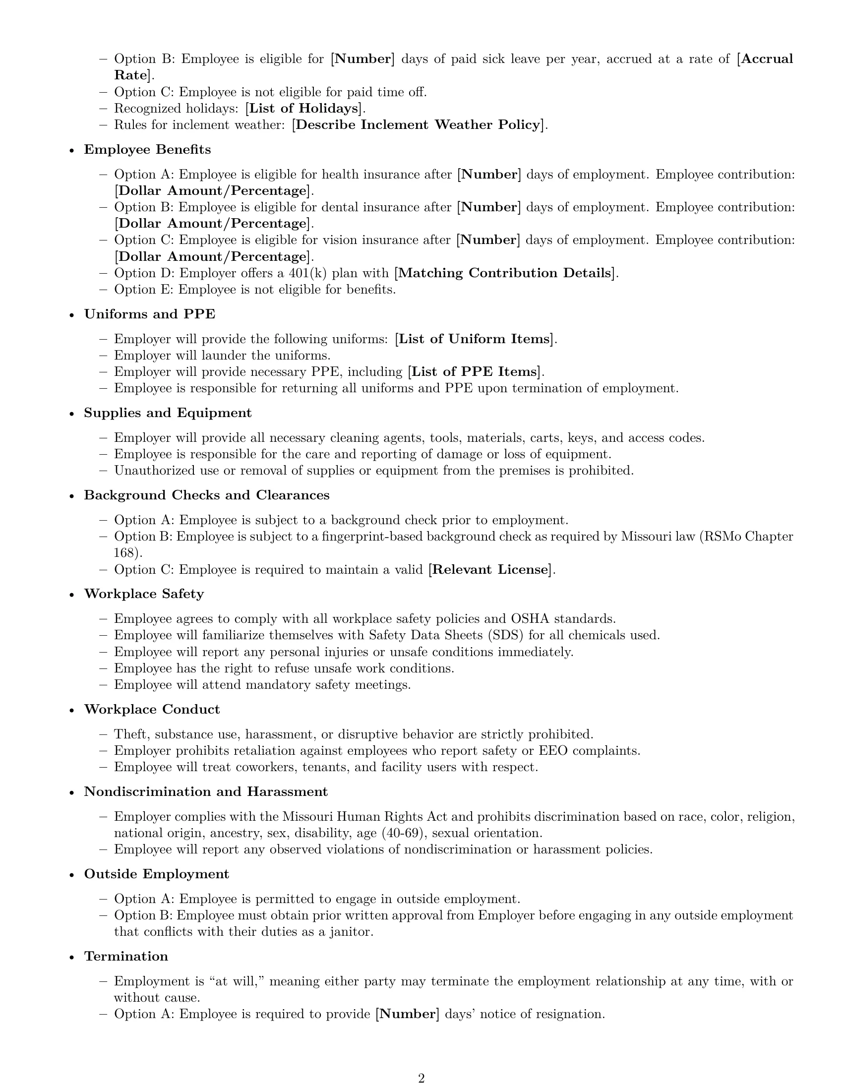 Preview page 2 of Free Missouri janitor employment contract template