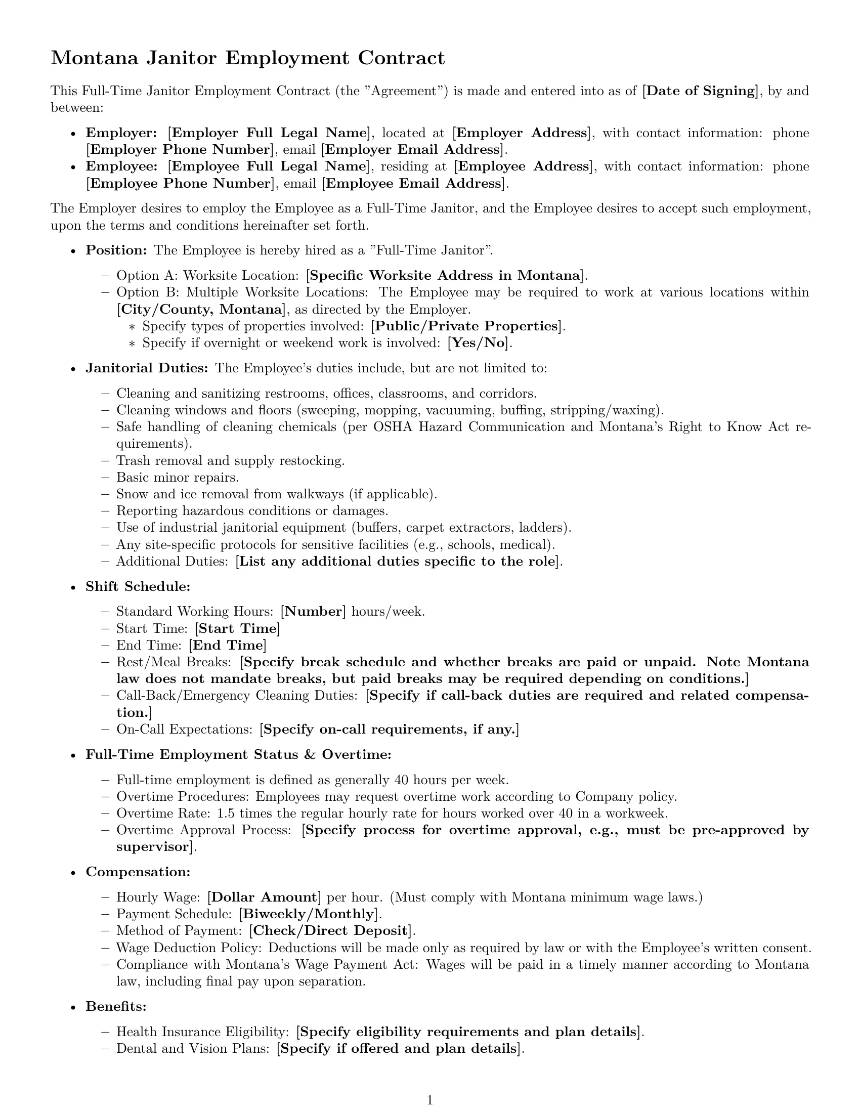 Preview page 1 of Free Montana janitor employment contract template