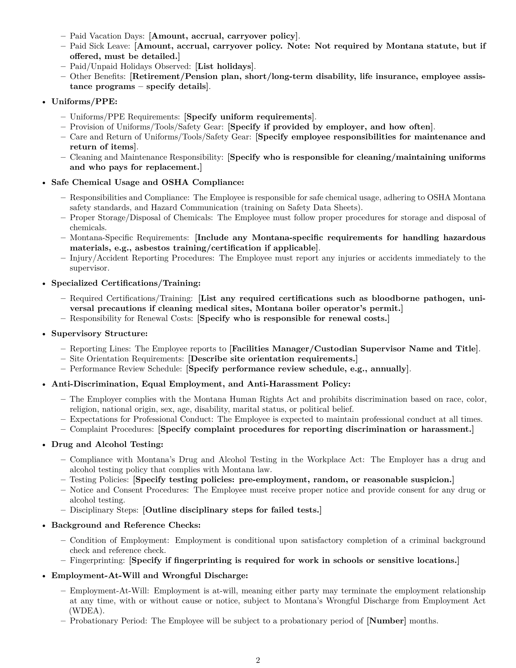 Preview page 2 of Free Montana janitor employment contract template