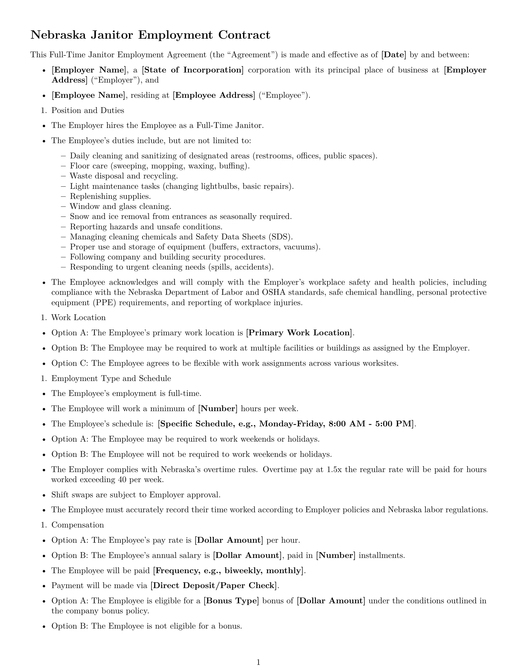 Preview page 1 of Free Nebraska janitor employment contract template