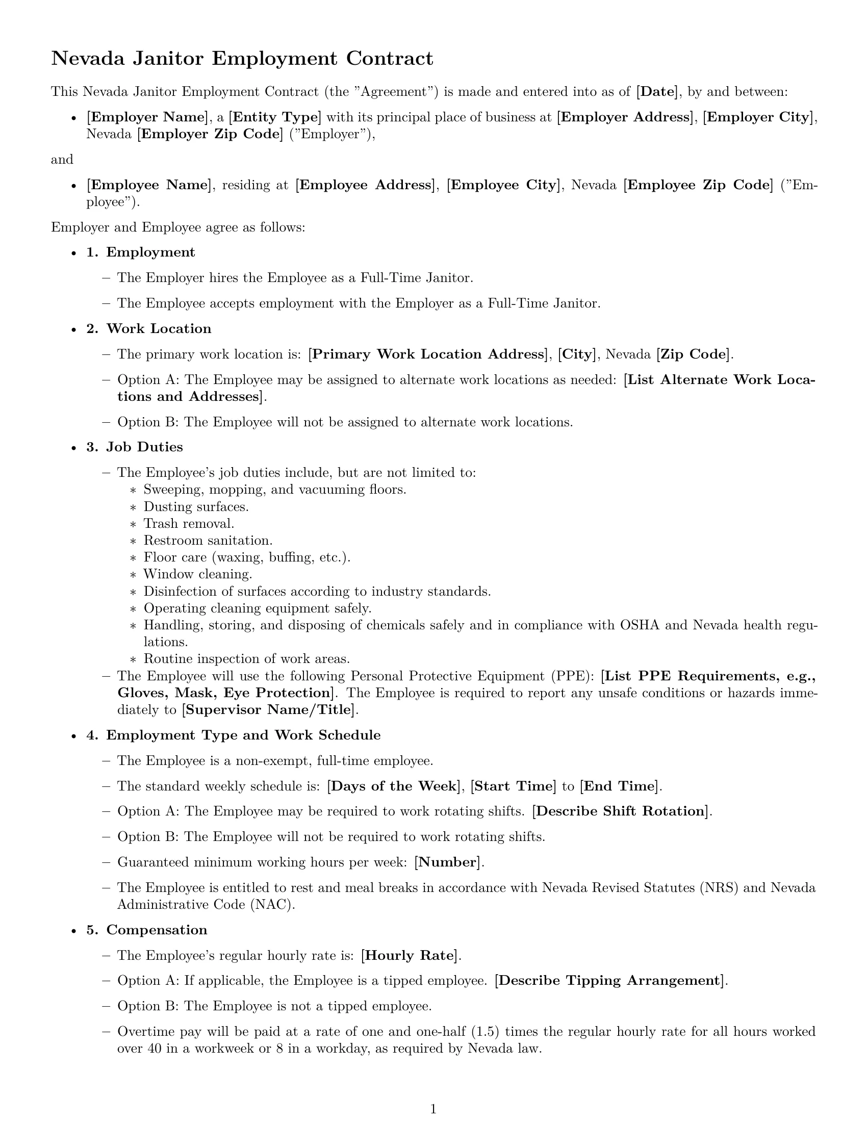 Preview page 1 of Free Nevada janitor employment contract template