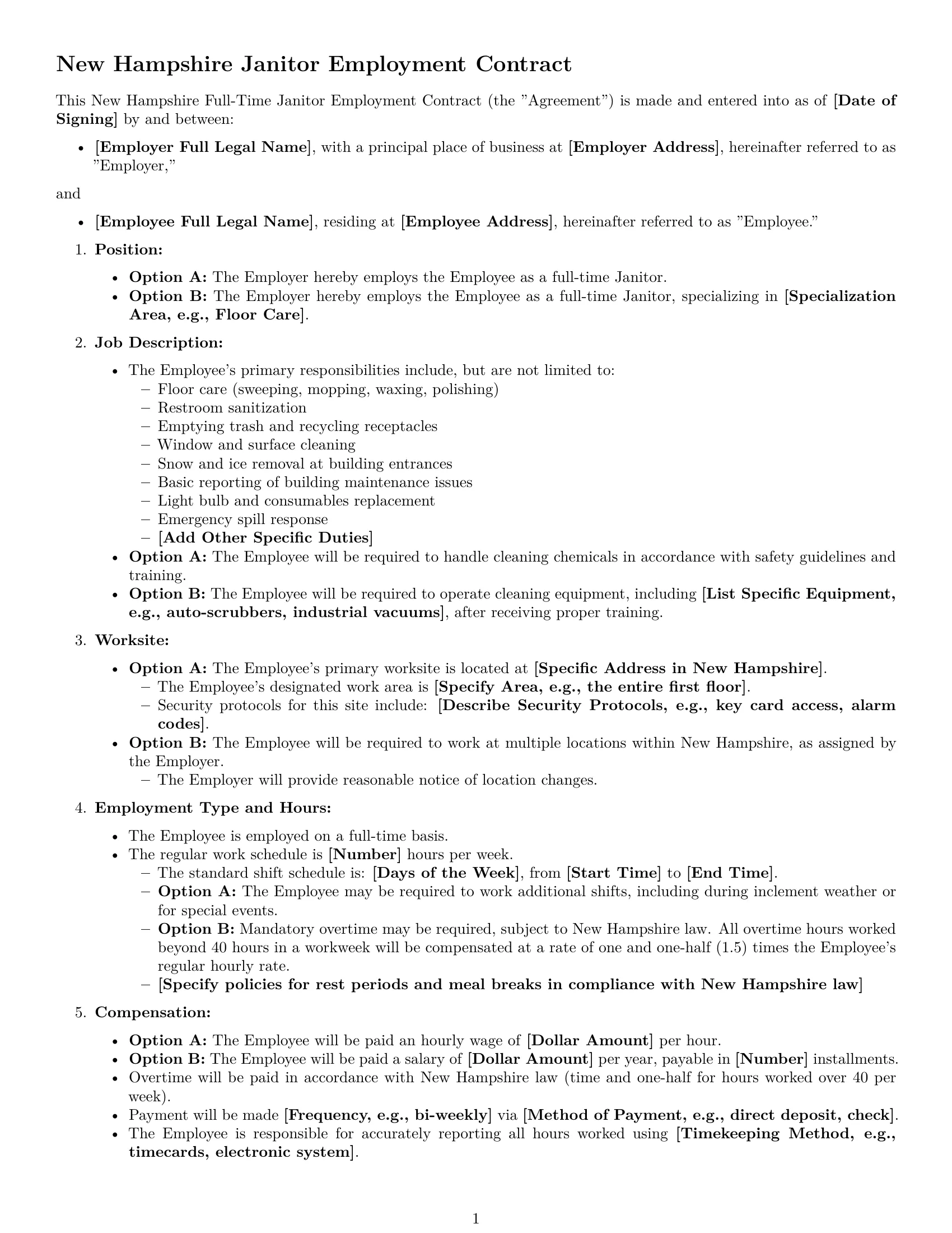 Preview page 1 of Free New Hampshire janitor employment contract template