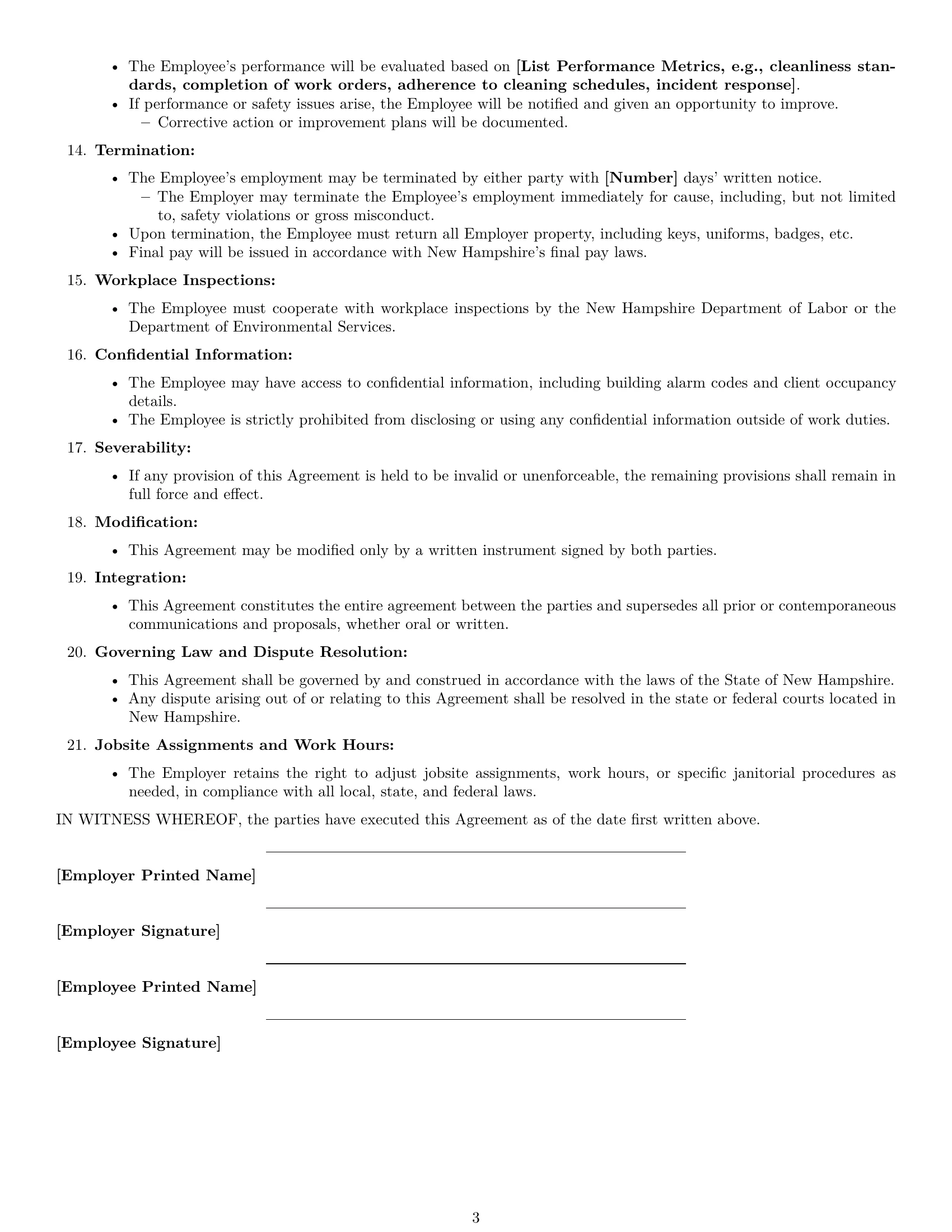 Preview page 3 of Free New Hampshire janitor employment contract template