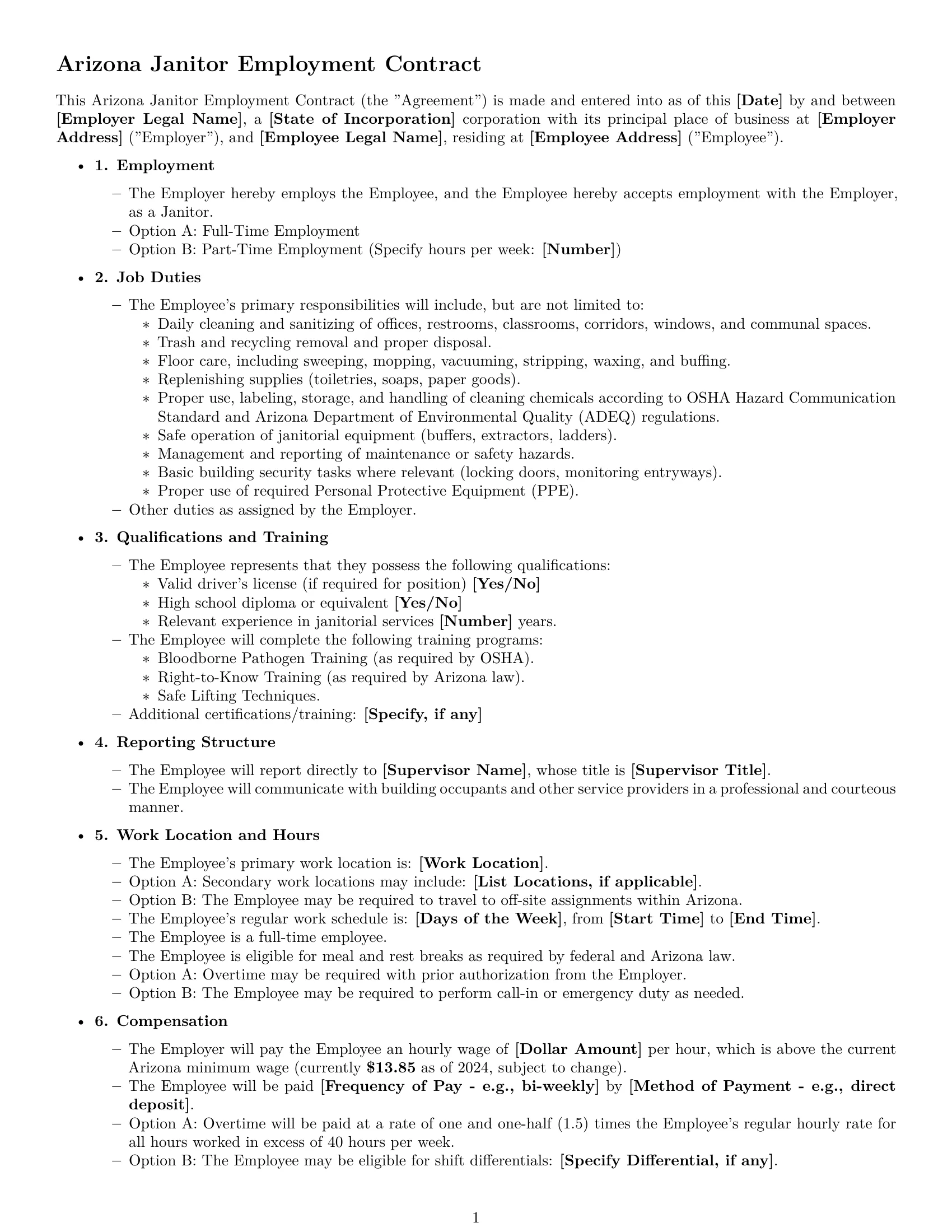 Preview page 1 of Free Arizona janitor employment contract template