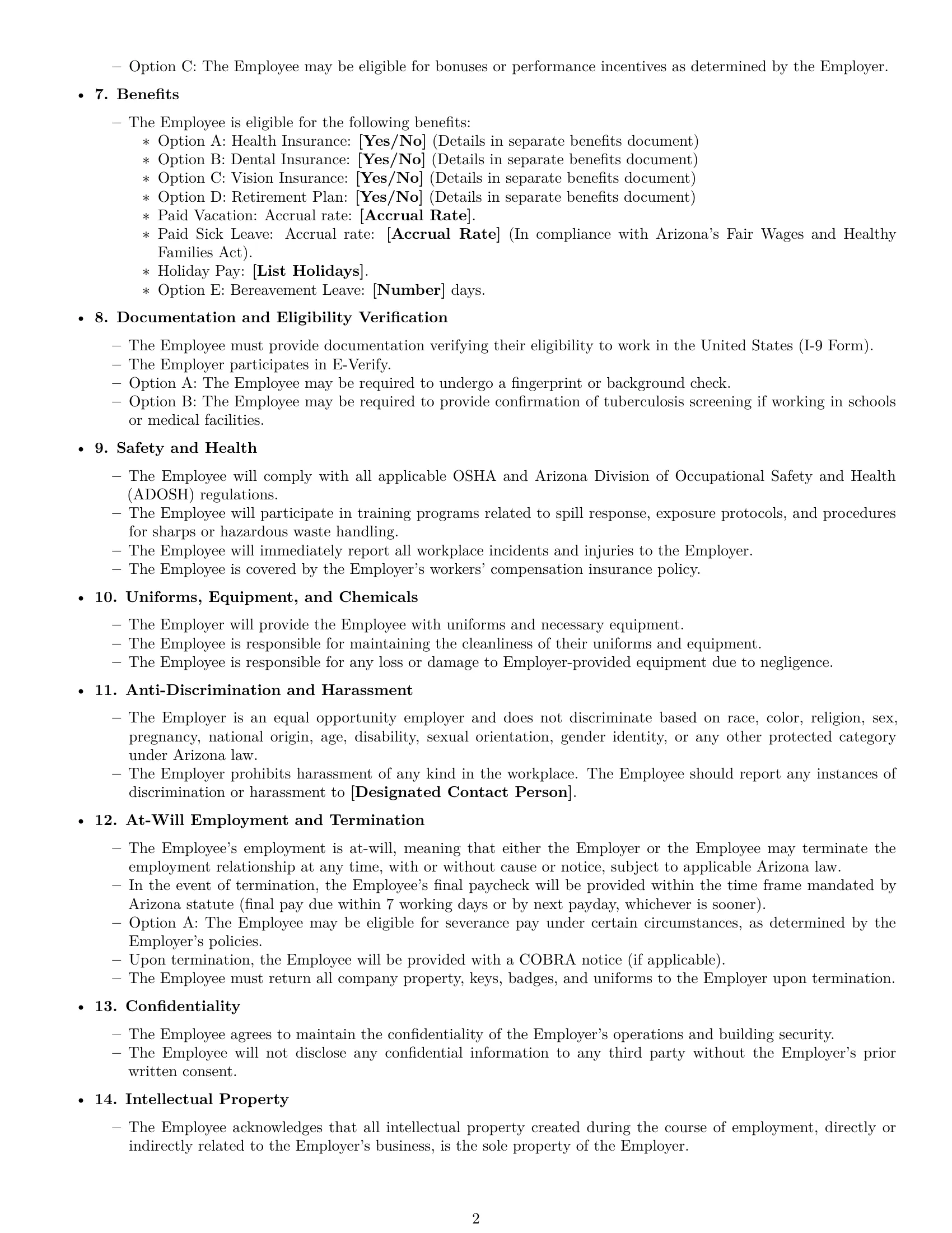 Preview page 2 of Free Arizona janitor employment contract template