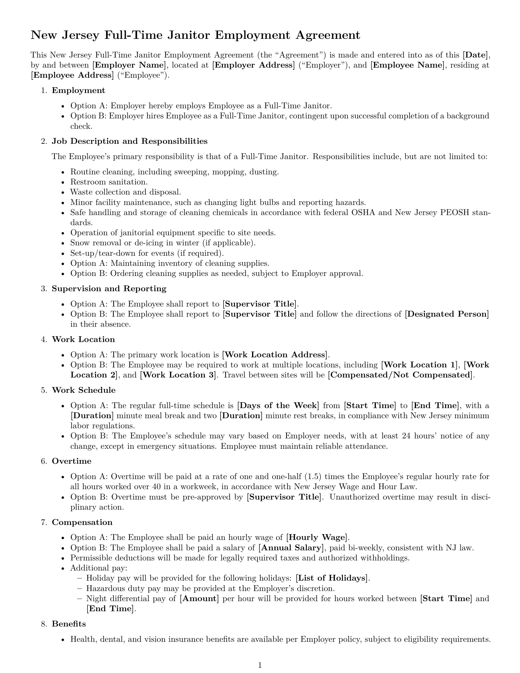 Preview page 1 of Free New Jersey janitor employment contract template