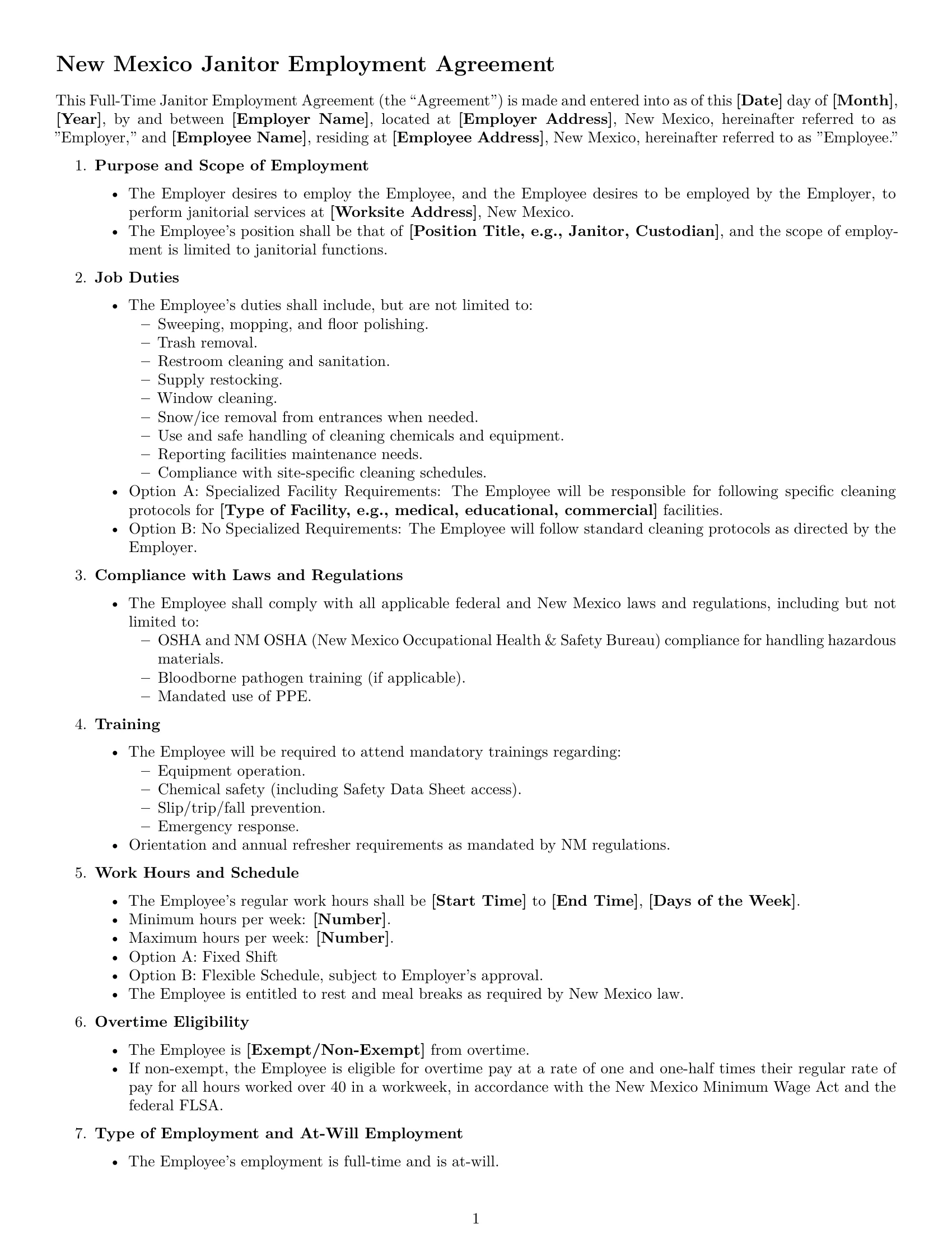 Preview page 1 of Free New Mexico janitor employment contract template