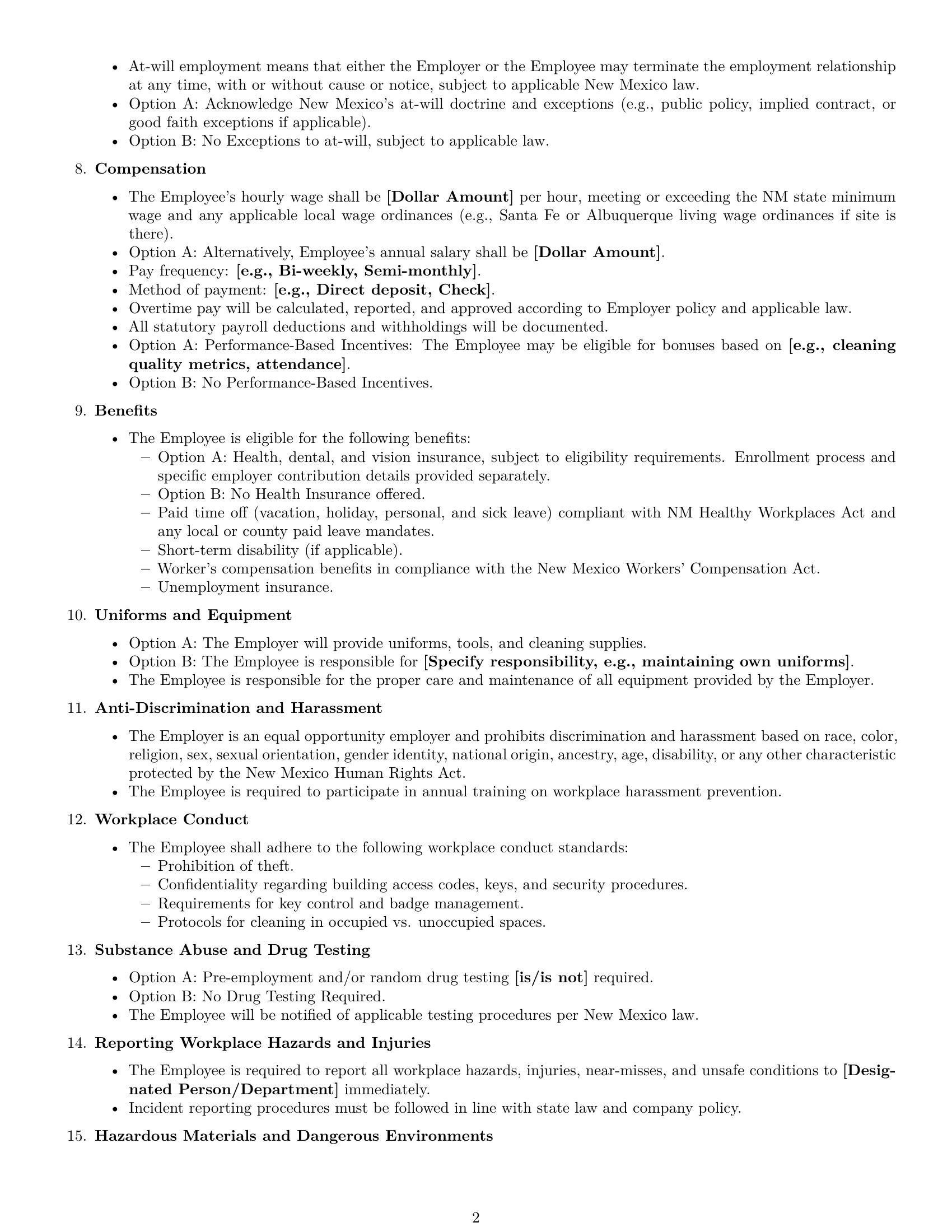 Preview page 2 of Free New Mexico janitor employment contract template