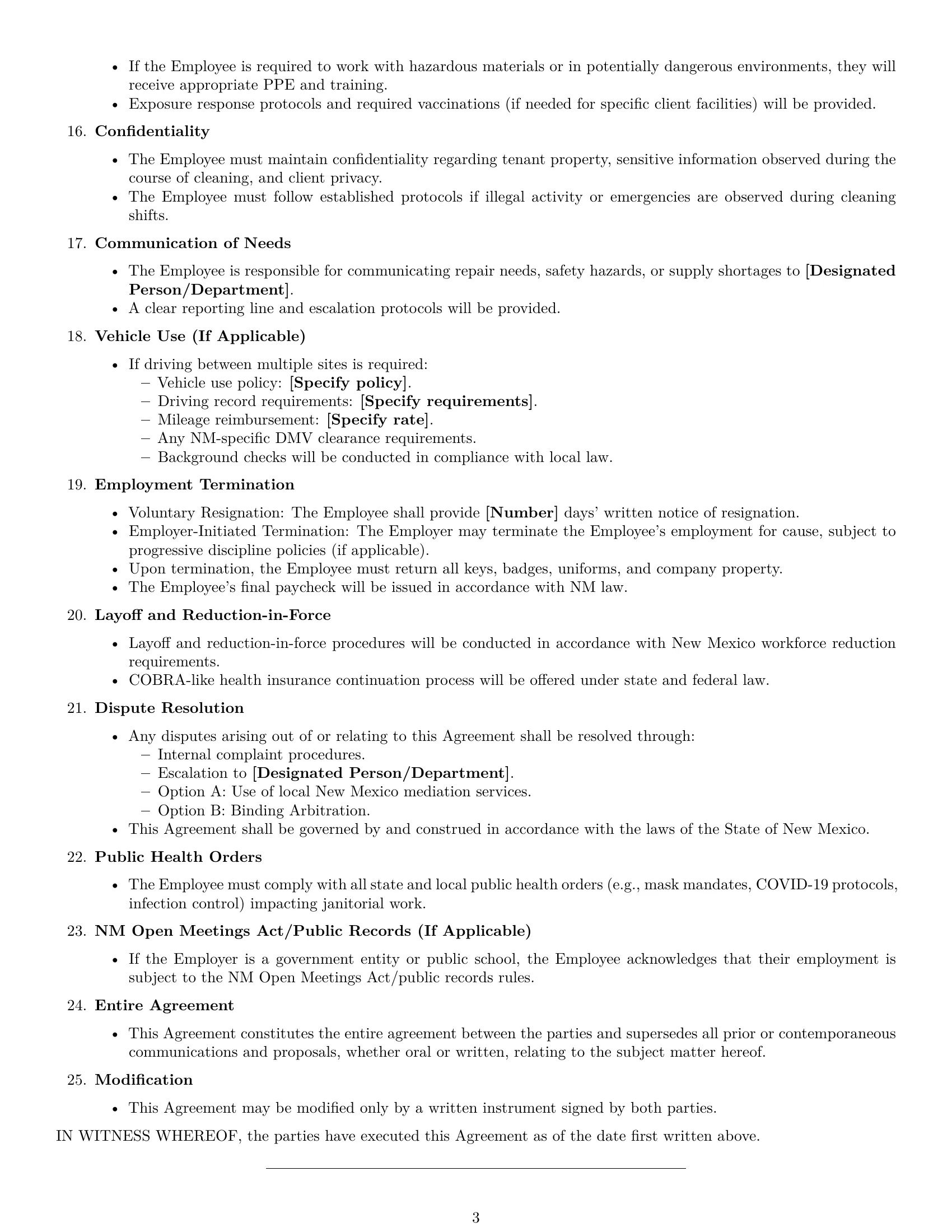 Preview page 3 of Free New Mexico janitor employment contract template