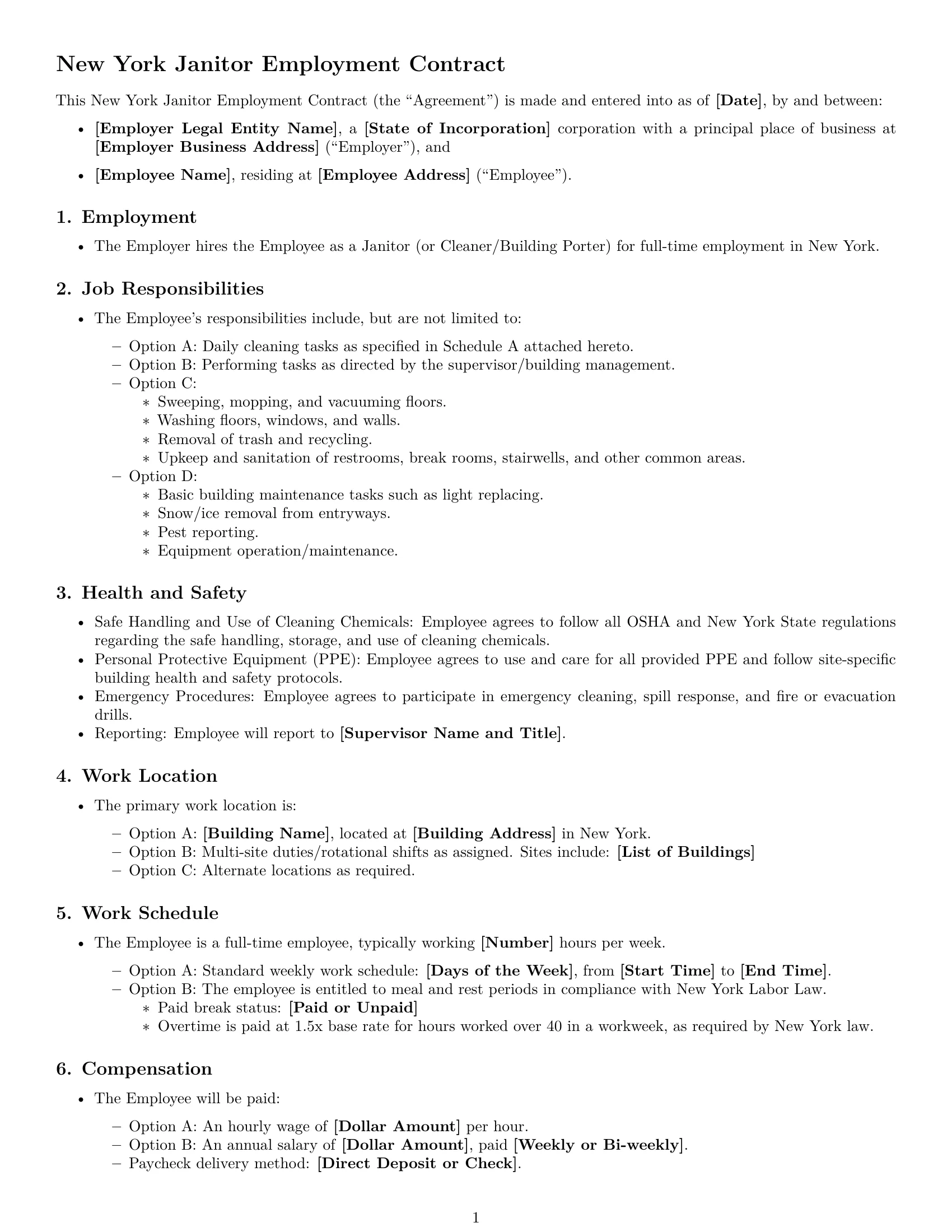 Preview page 1 of Free New York janitor employment contract template